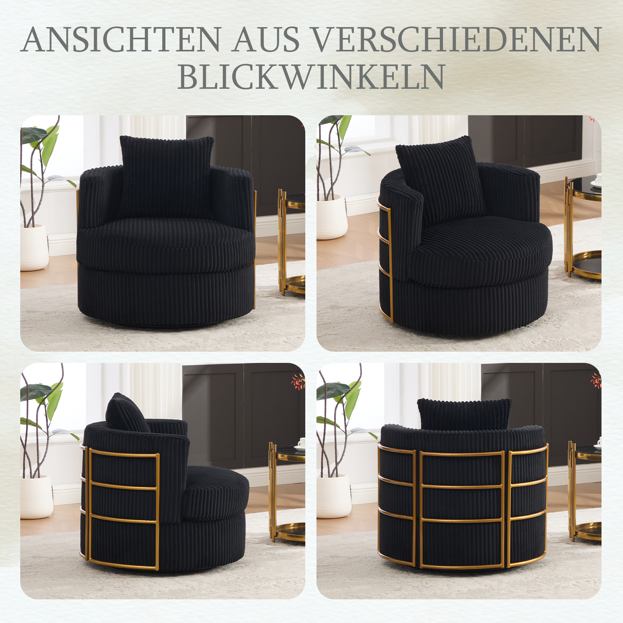 Canapé fauteuil pivotant 360° en cord noir pour chambre et salon avec coffre intégré et mousse haute densité