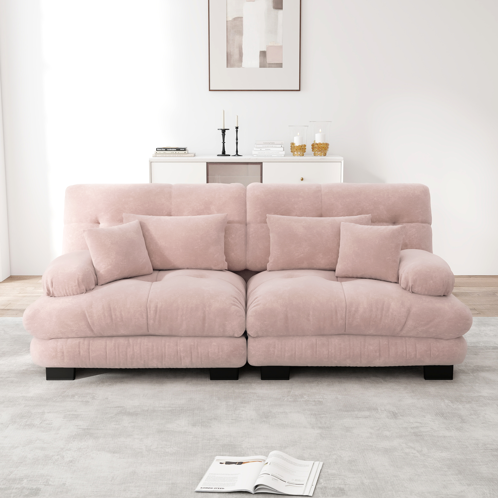 Canapé d'angle en chenille rose avec cadre en bois massif et assise moelleuse sans ressorts
