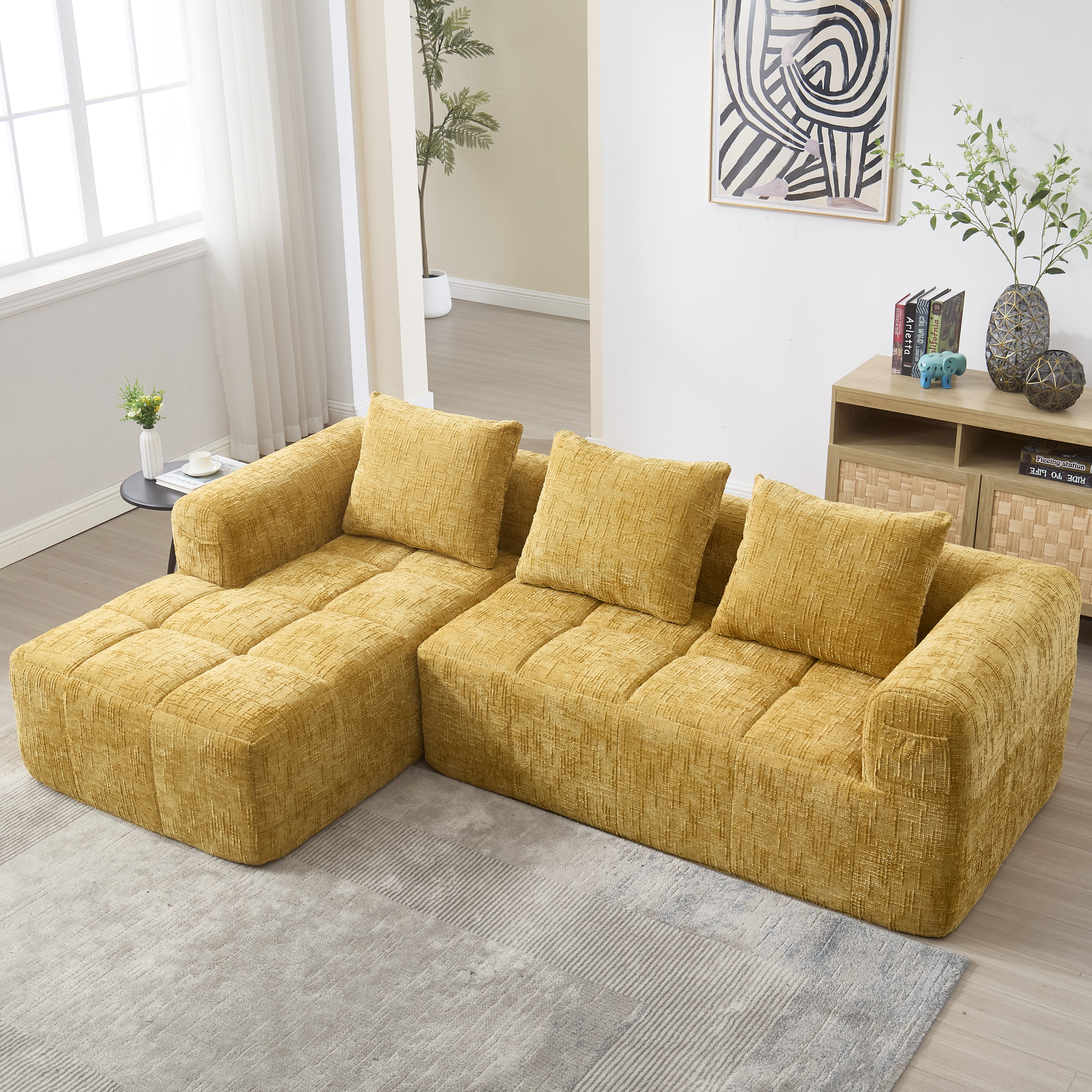 Canapé d'angle 3 places en chenille jaune avec méridienne, 3 coussins et poches latérales, sans installation