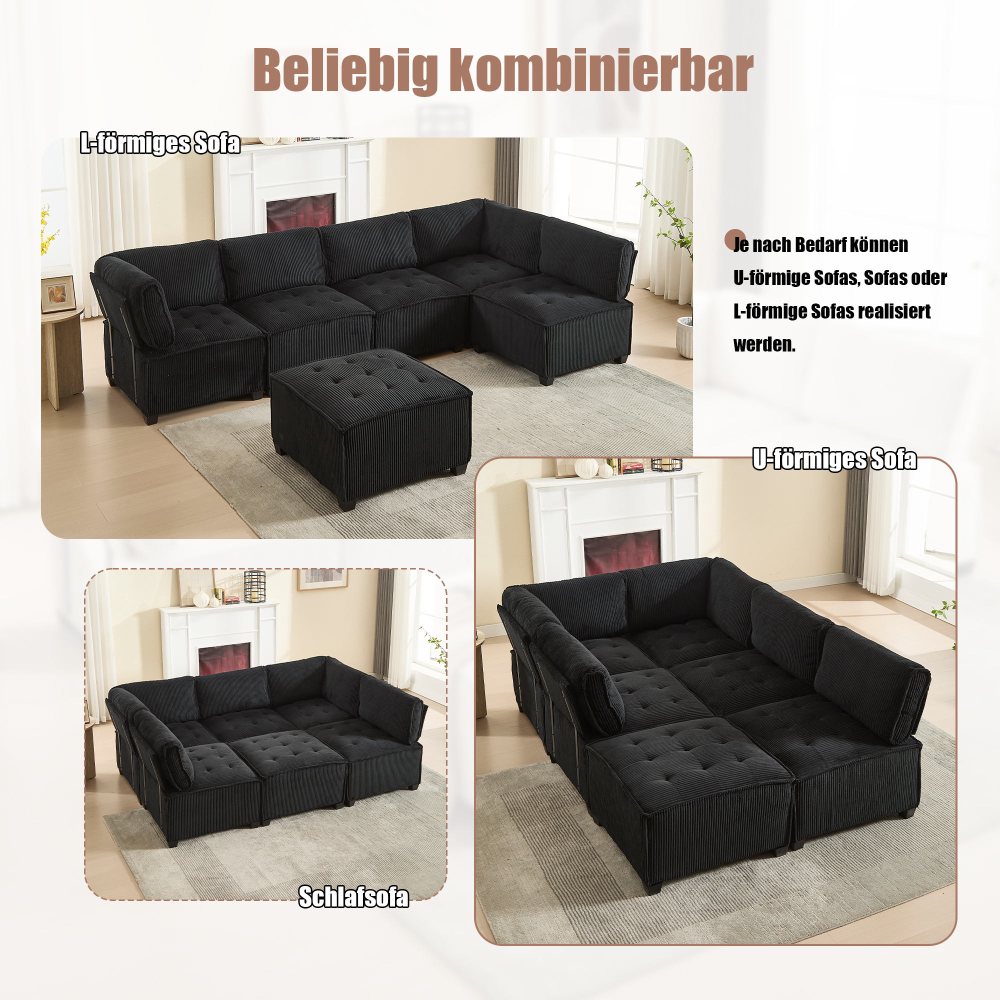 Canapé modulaire 6 places 308 cm en velours côtelé noir, structure métal et bois renforcée, rangement latéral