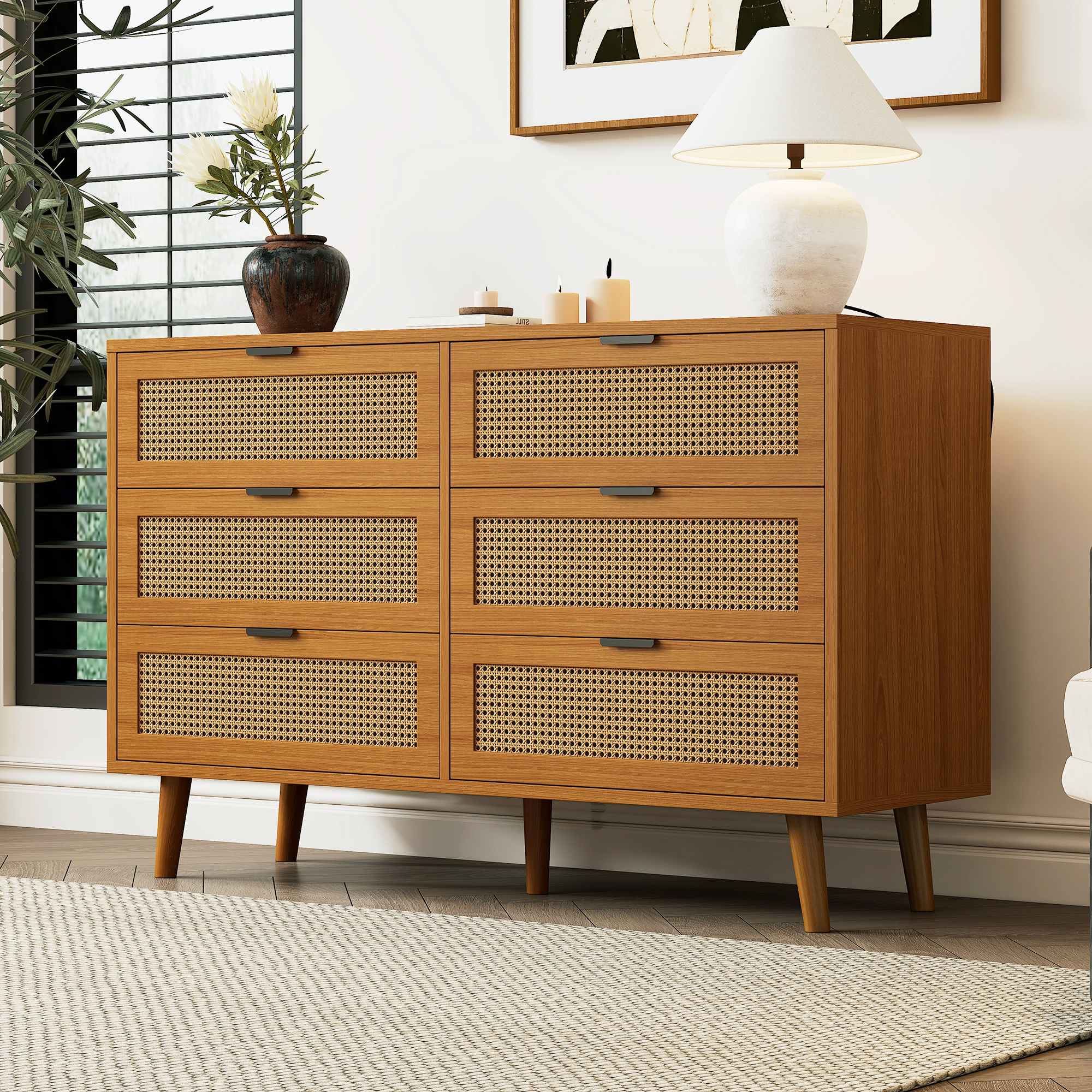 Buffet 6 tiroirs 120x40x76,5 cm Meuble de rangement avec poignées métal et pieds bois massif pour chambre salon bureau