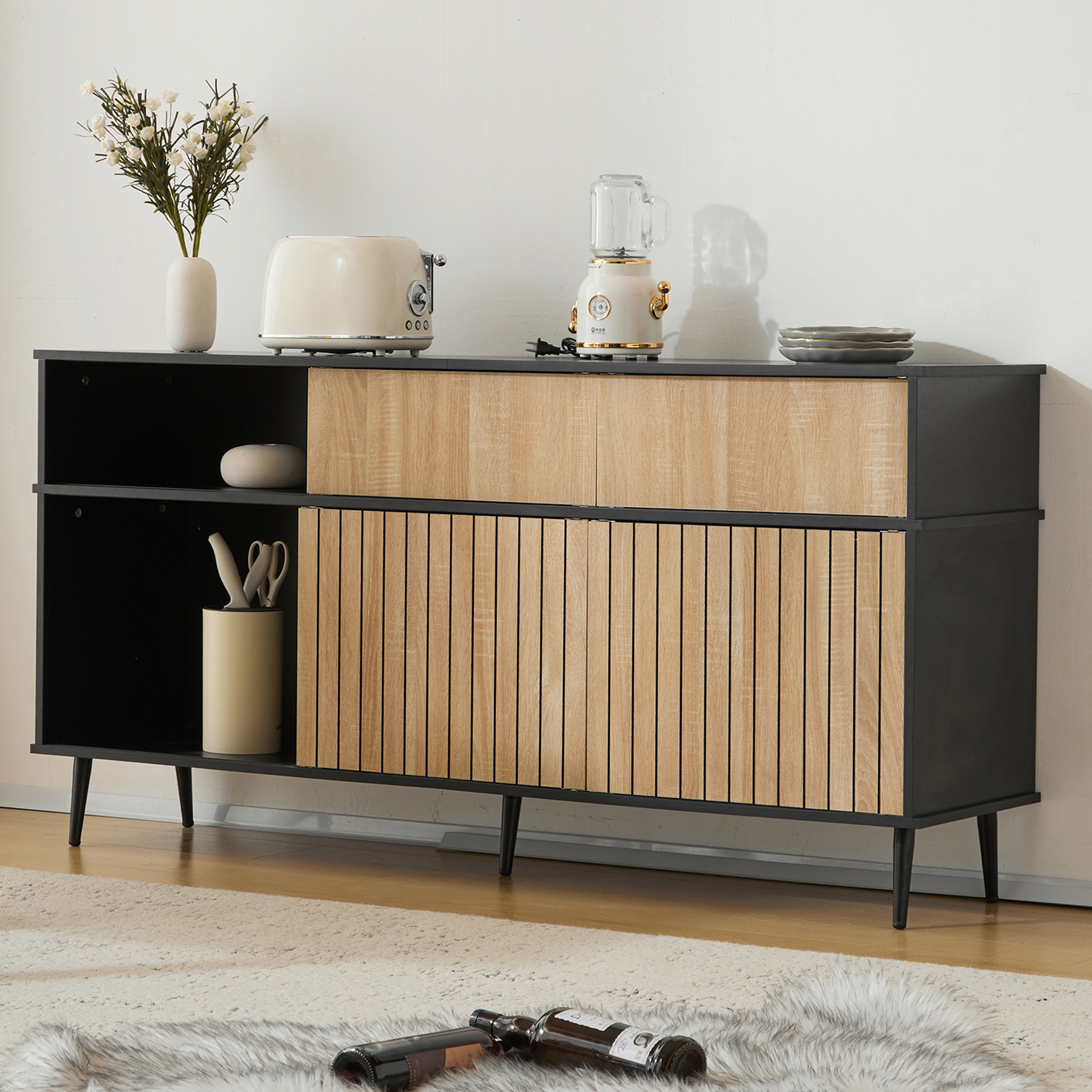 Buffet en Panneau de Particules Effet Chêne et Noir, Structure Stable avec 4 Portes Fines et 1 Tiroir, 160x80 cm