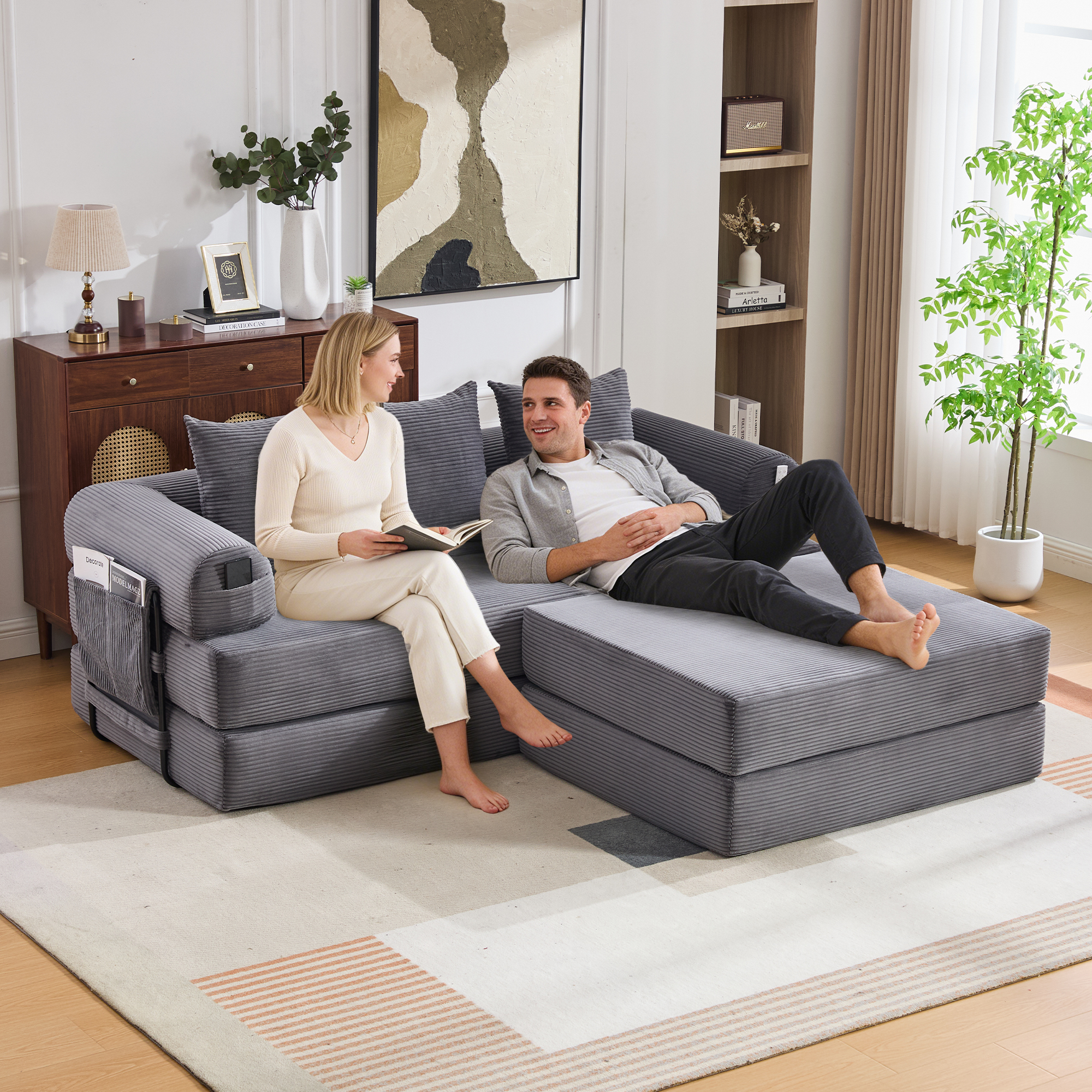 Canapé d'angle convertible modulable pour petit salon avec hocker, 3 coussins et pochette latérale