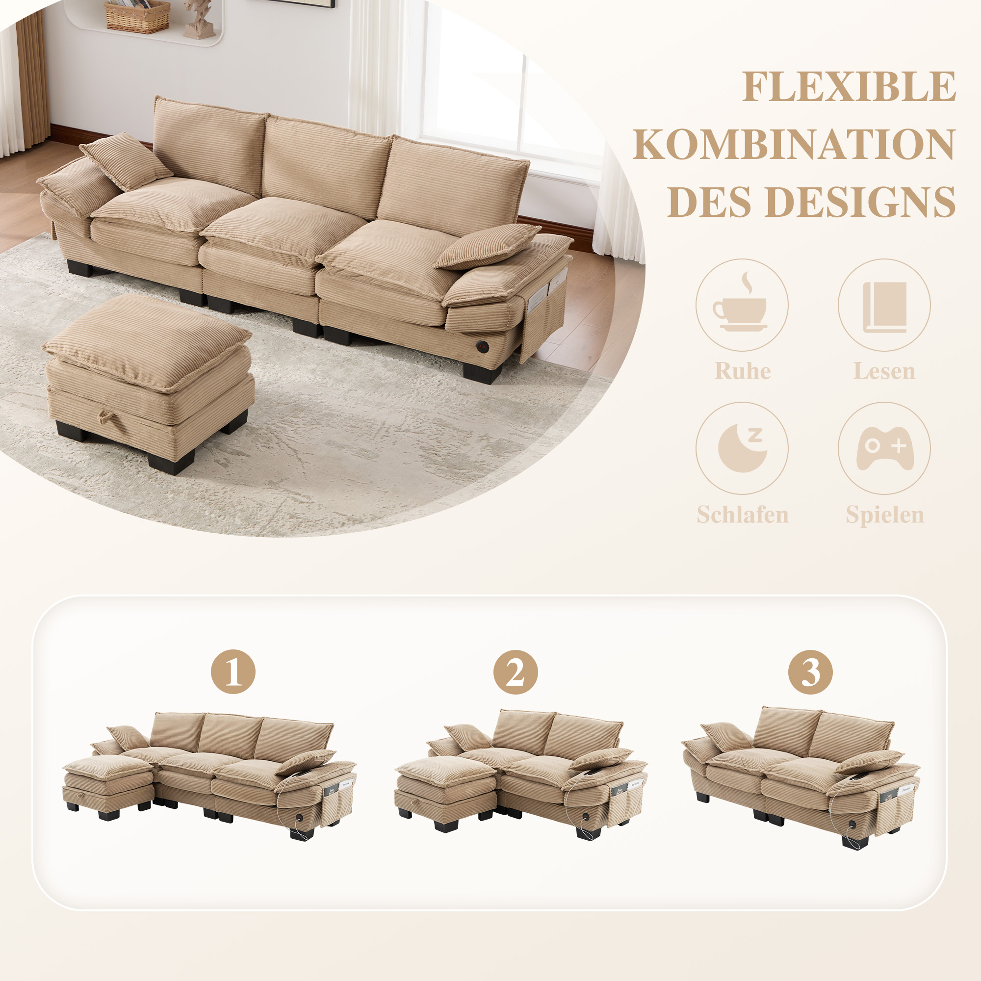 Canapé d'angle 3 places modulable avec pouf, coffre intégré et port USB-C pour salon ou bureau