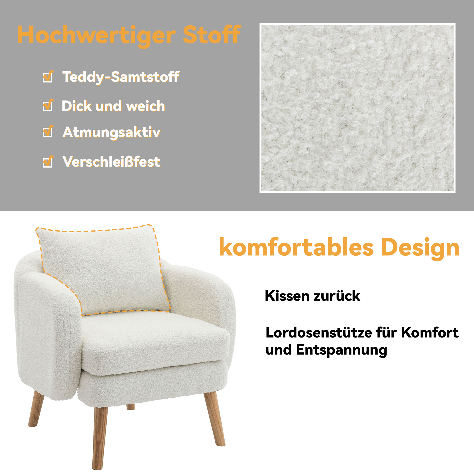 Fauteuil Blanc en Velours Teddy, Assise Rembourrée avec Coussin, Structure Bois Massif et Métal, Design Moderne pour Salon