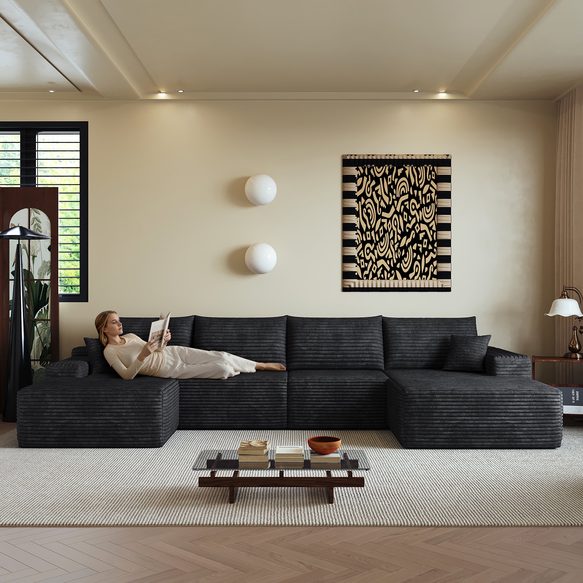Canapé d'angle noir 340x175x83 cm en tissu velours côtelé, structure modulaire sans montage, coussins confortables pour salon et chambre