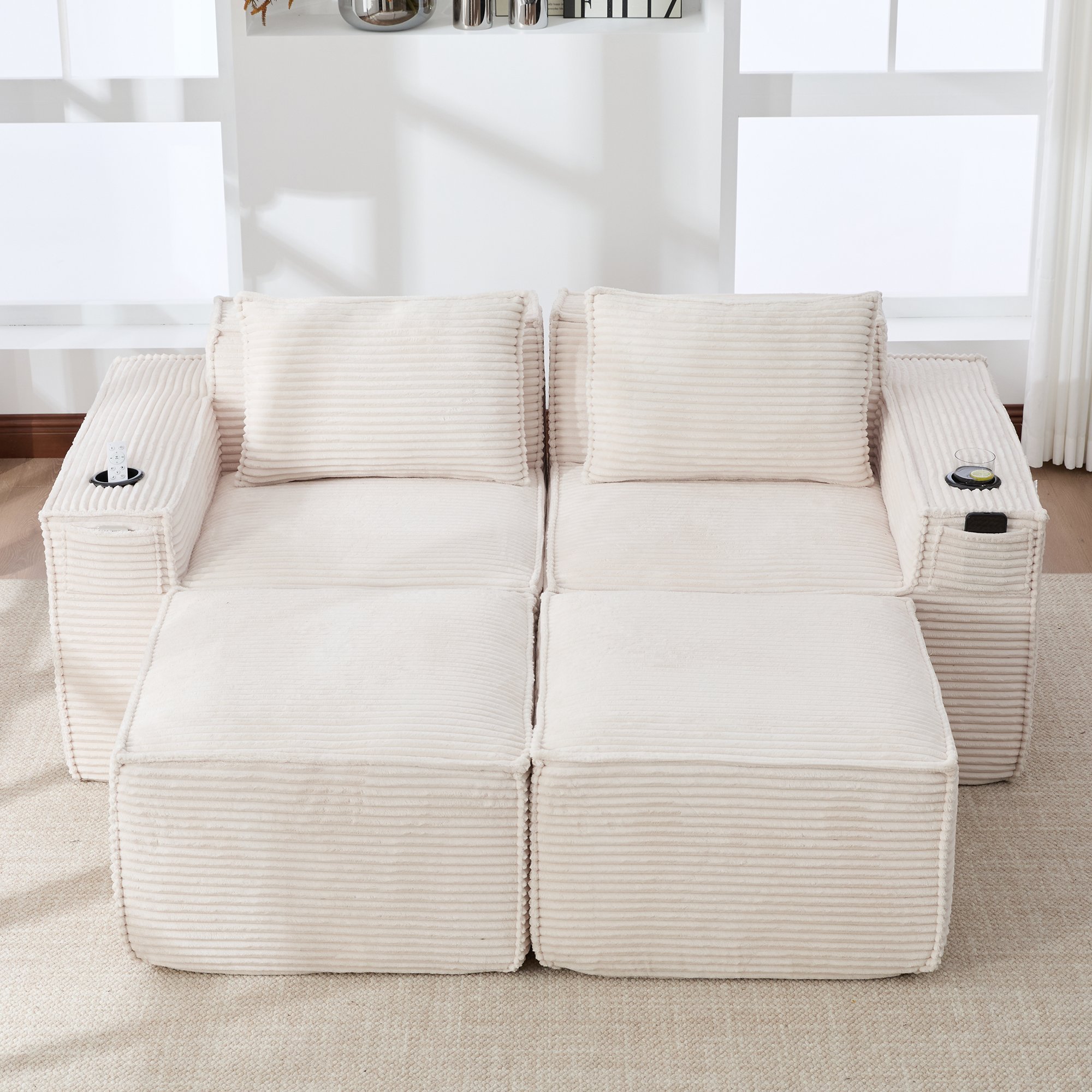 Ensemble Canapé Modulable Beige Corduroy avec Poches Latérales et Porte-Verres, Sans Outils, Pour Salon ou Balcon Couvert