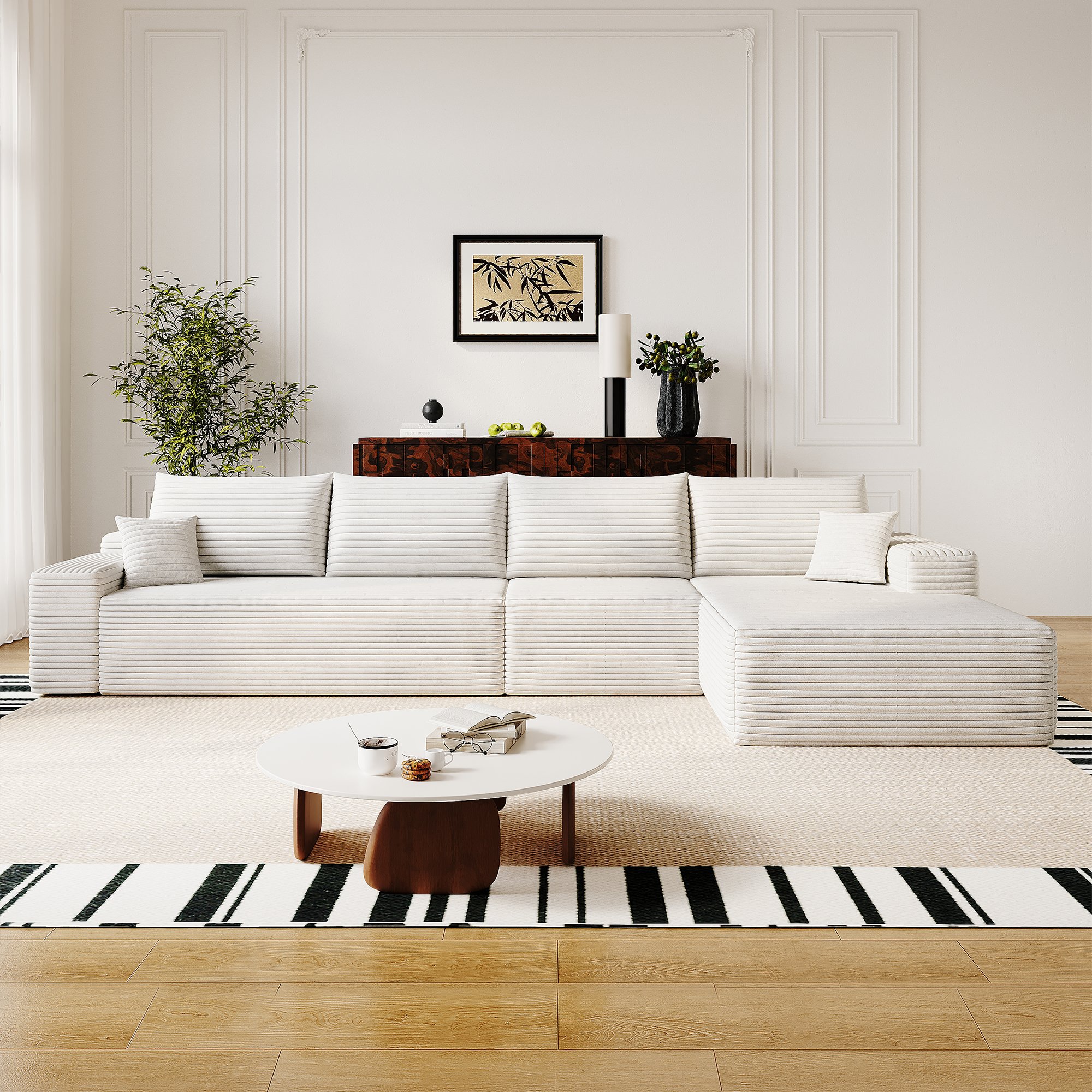 Canapé d'angle blanc 340x175x83 cm en tissu côtelé, structure modulaire avec méridienne et assise profonde pour le salon