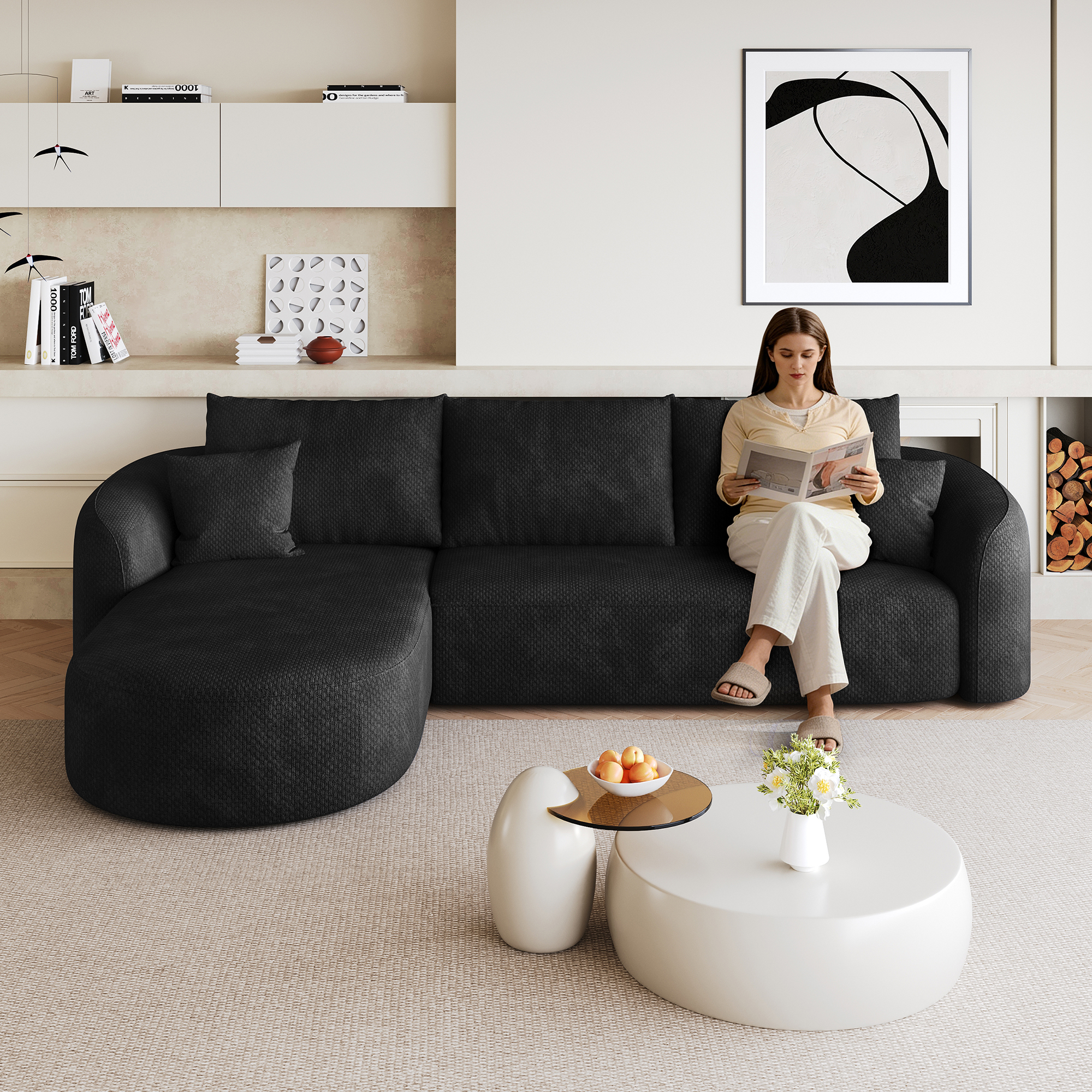 Canapé d'angle modulable 266x168x85 cm grande capacité structure boneless revêtement tissu noir
