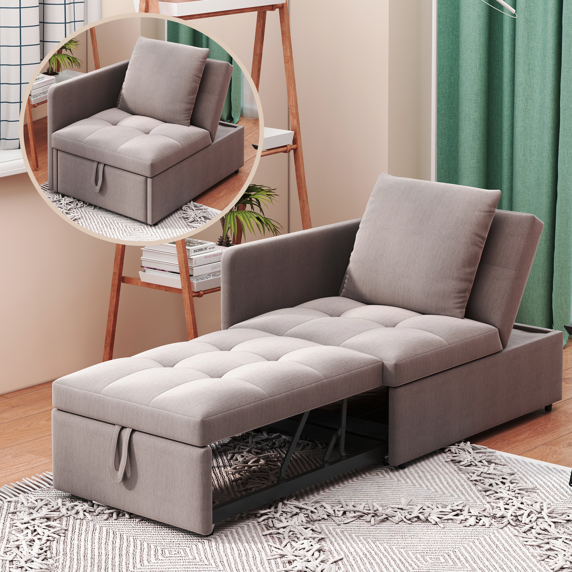 Lit avec rangement et tiroirs intégrés 177x68x65 cm en lin gris pour petit espace et chambre d'amis