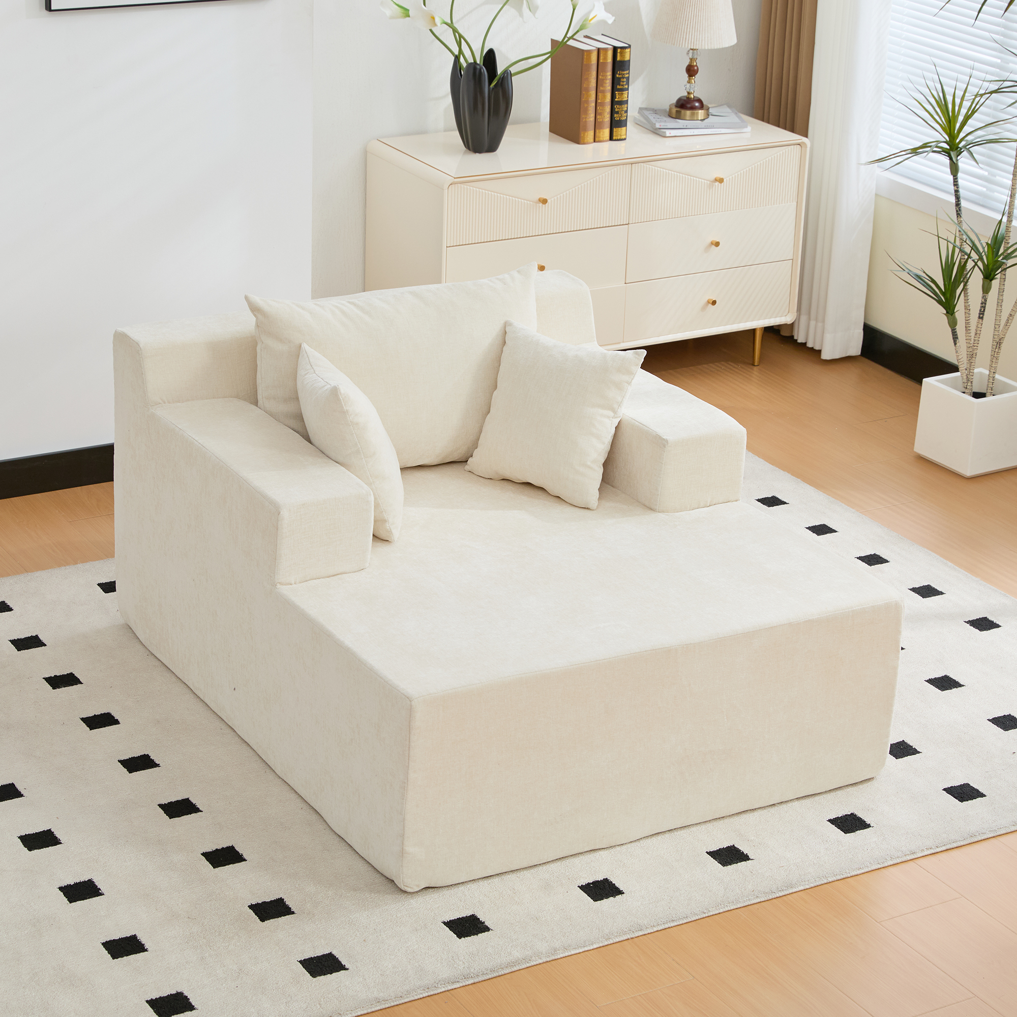 Méridienne Modulable en Tissu Chenille Beige avec Mousse Haute Élasticité 30D et Base Antidérapante pour Salon Moderne