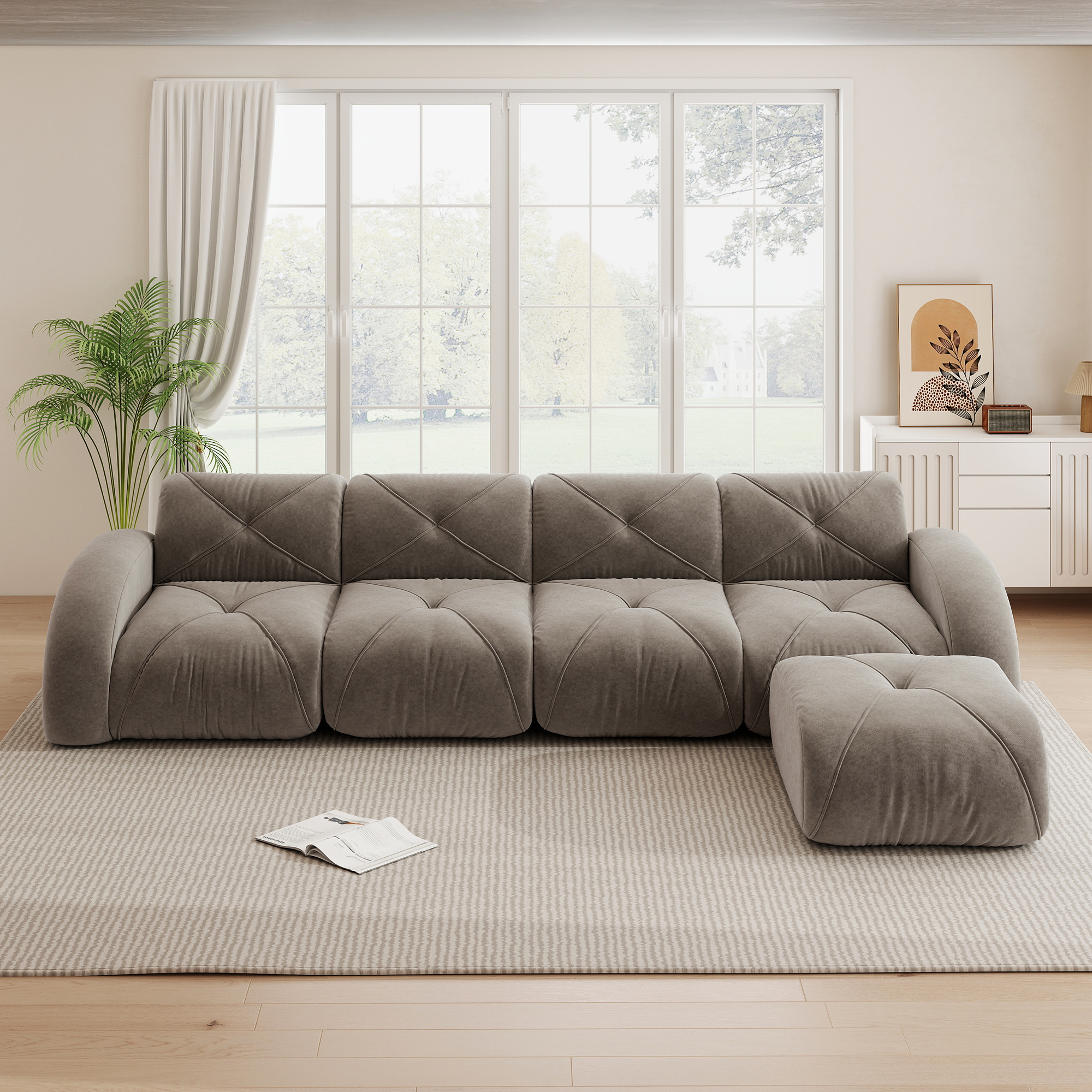 Fauteuil Canapé d'angle Modulable 4 Places en Tissu Chenille Taupe avec Repose-Pieds Intégré et Design Sans Dossier Moderne