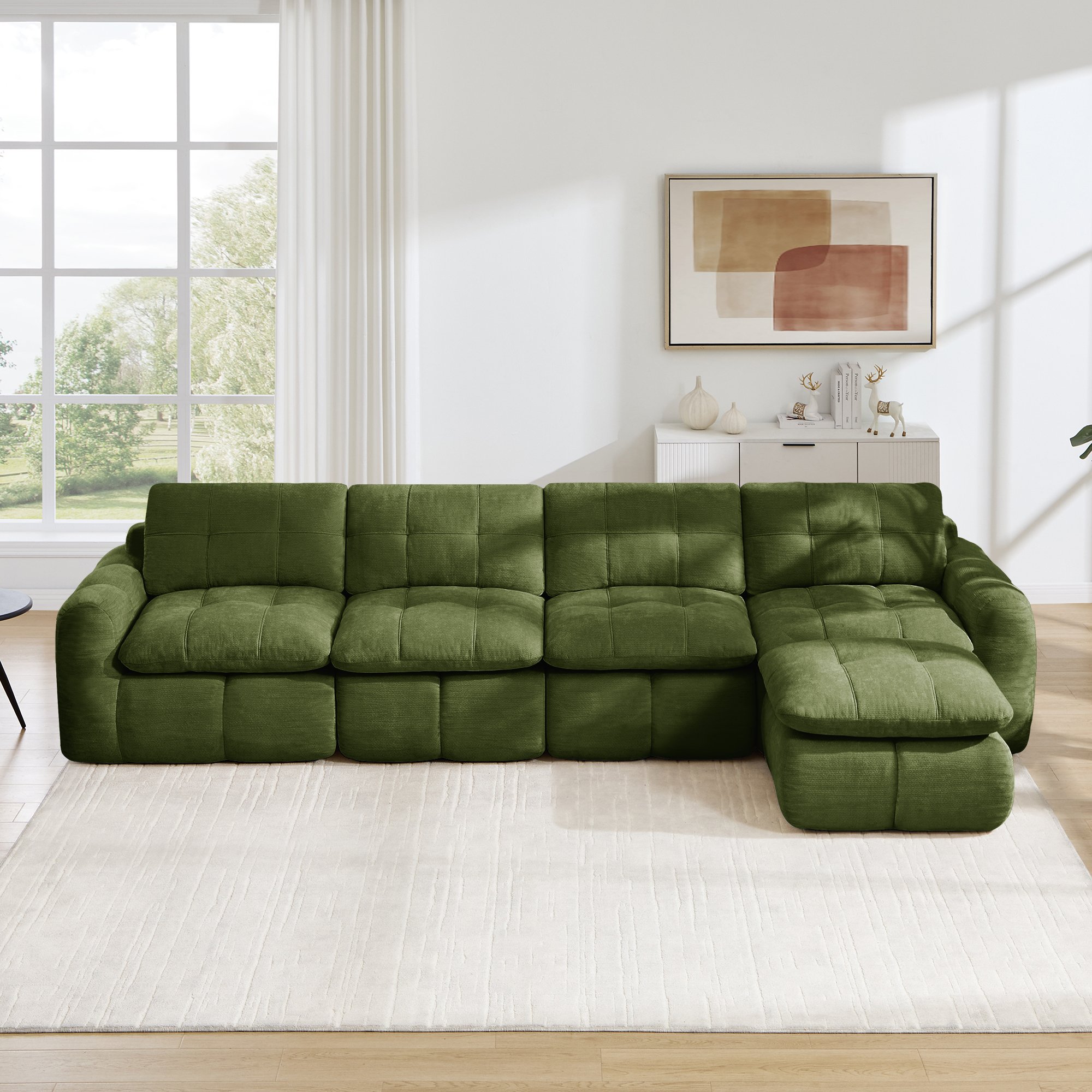Canapé d'angle modulable 4 places en chenille verte, structure sans cadre avec ottoman inclus, idéal pour salon et appartement moderne