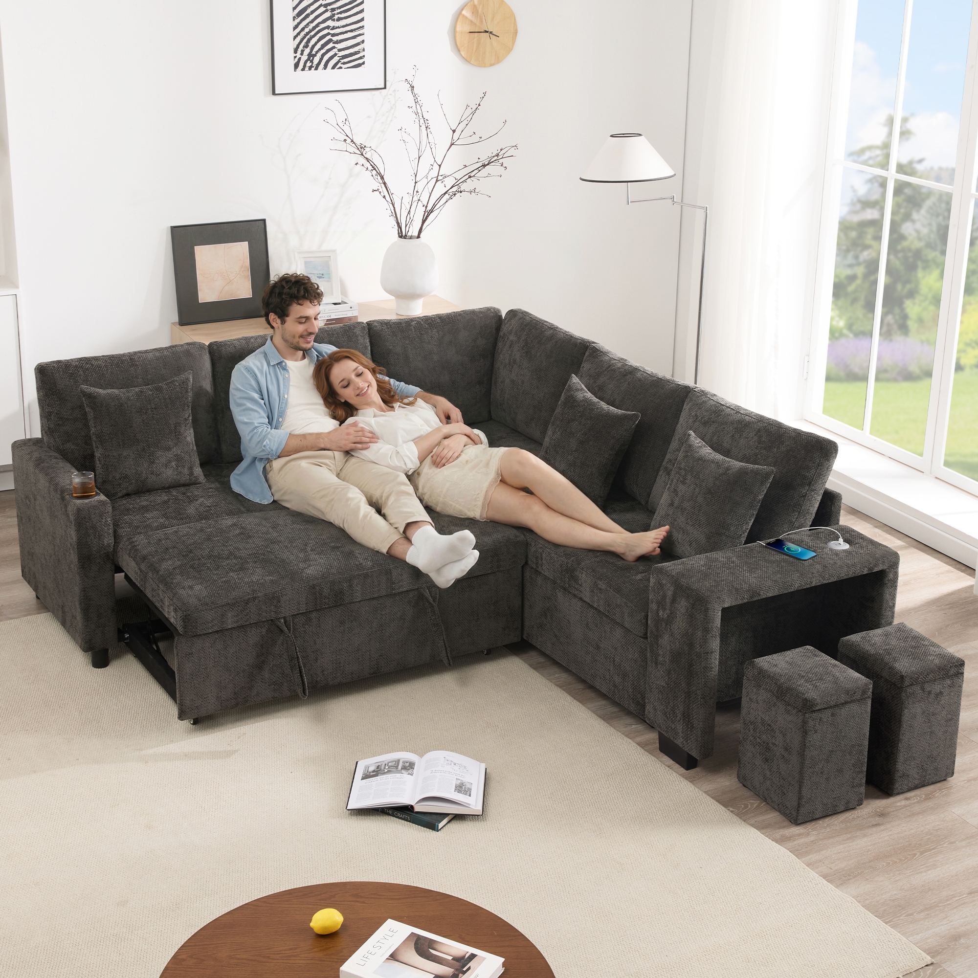 Canapé d'angle convertible 5 places en chenille gris, structure bois massif et coffre de rangement