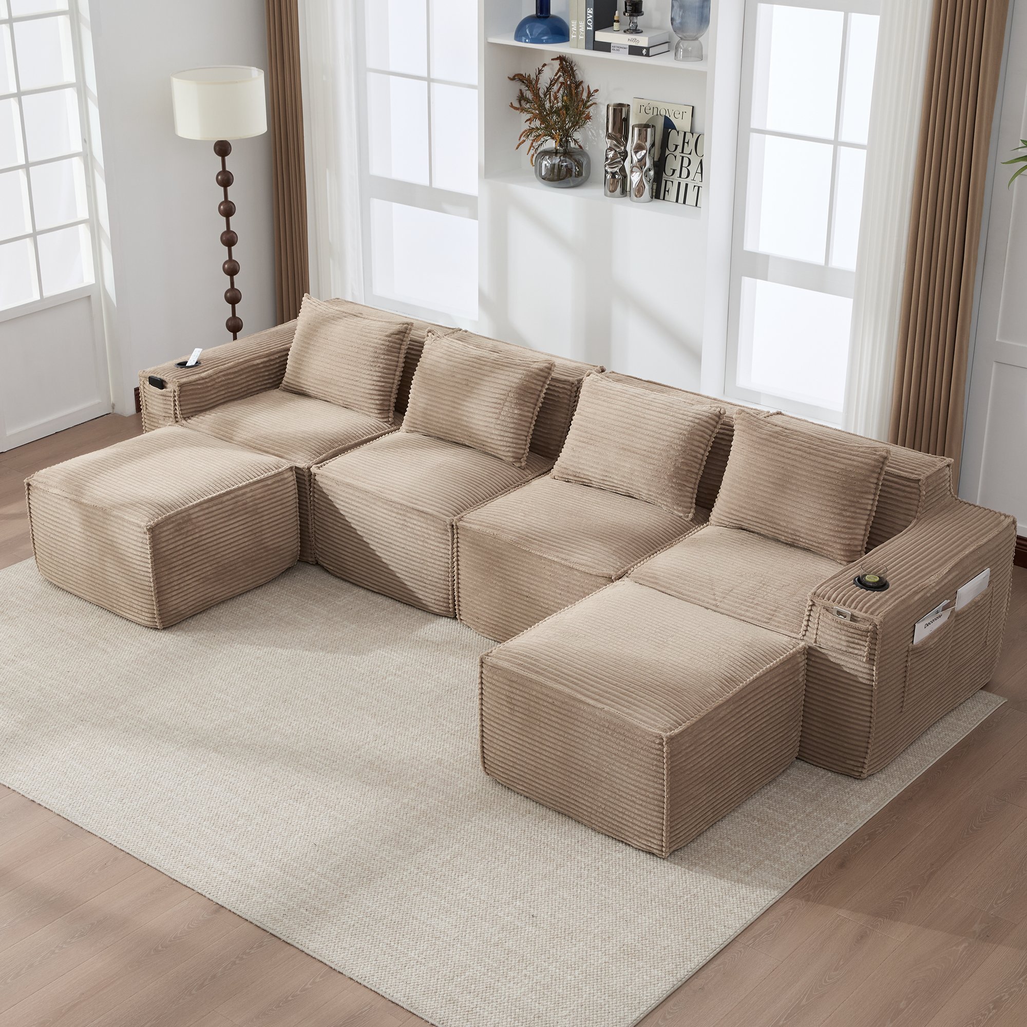 Canapé modulable 4 places en corduroy kaki avec 2 poufs, porte-gobelets intégrés, poches latérales et coussins de soutien lombaire fermes pour le salon