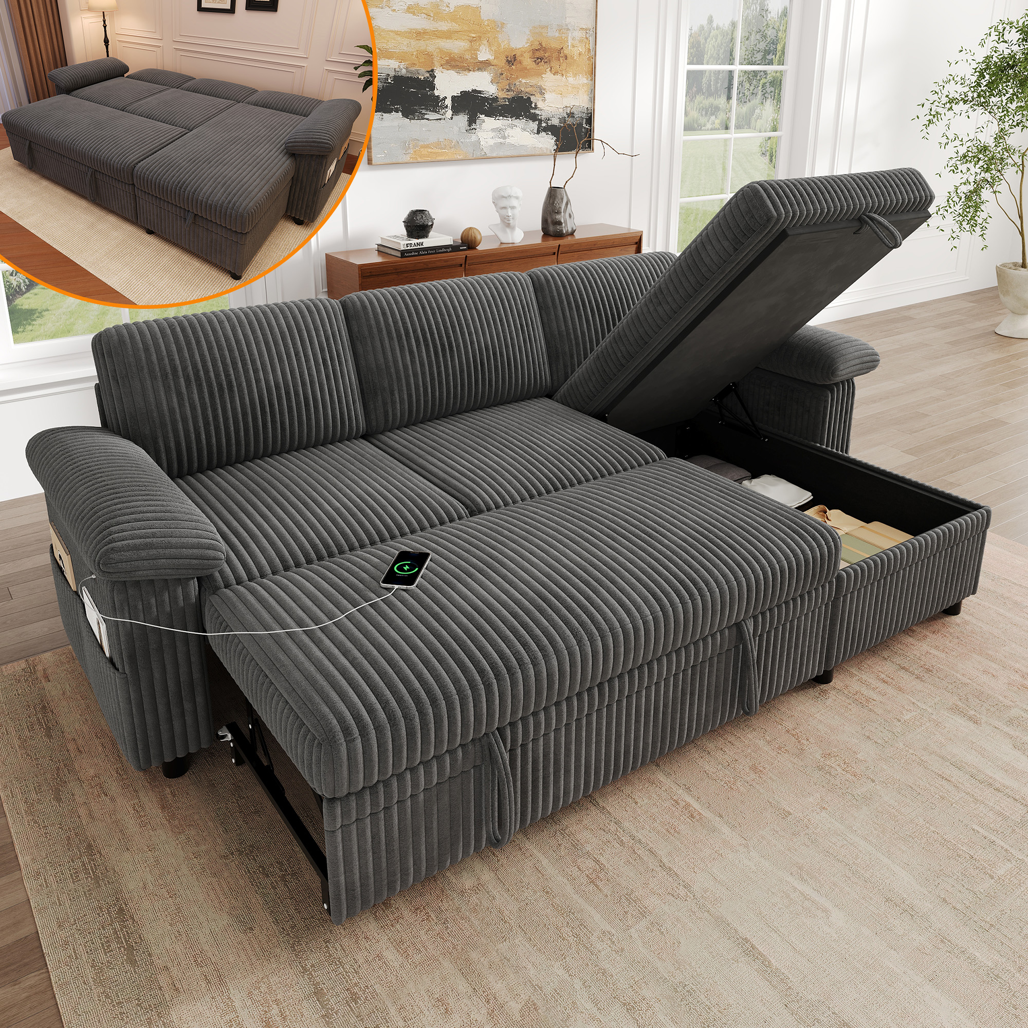 Canapé d'angle convertible 3 places avec coffre, ottomane réversible et charge USB Type-C en velours côtelé gris