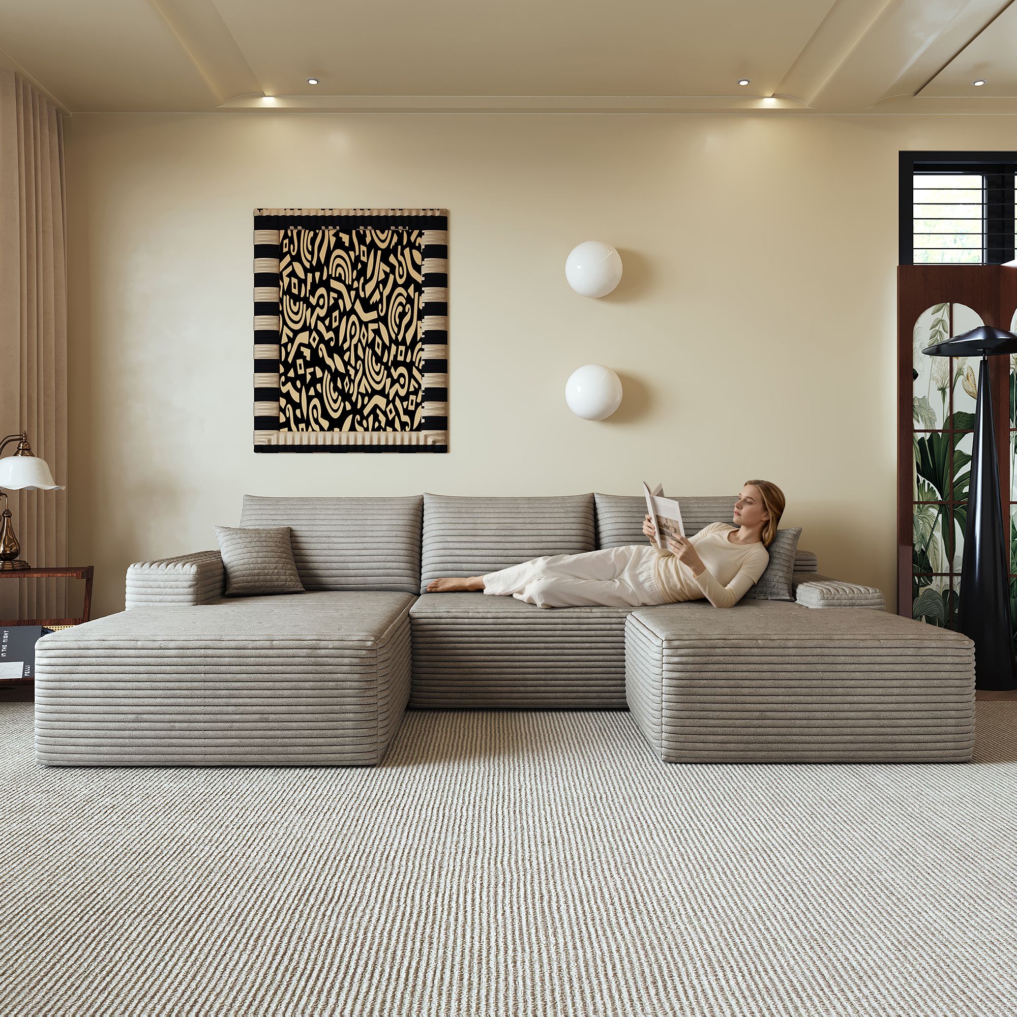 Canapé d'angle 270x175cm en velours côtelé camel, structure modulaire sans montage, coussins mousse haute densité pour salon moderne et spacieux