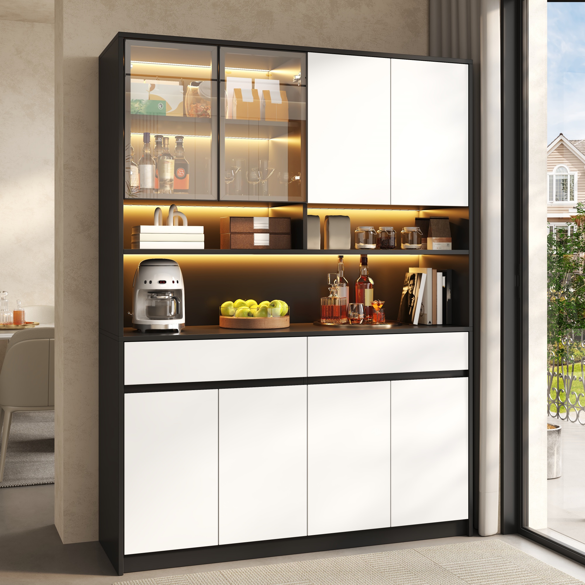 Buffet Design Panneau composite de fibres de bois à densité Stabil avec 4 Portes Supérieures et 4 Inférieures, Étagères Ouvertes LED, 160x120cm