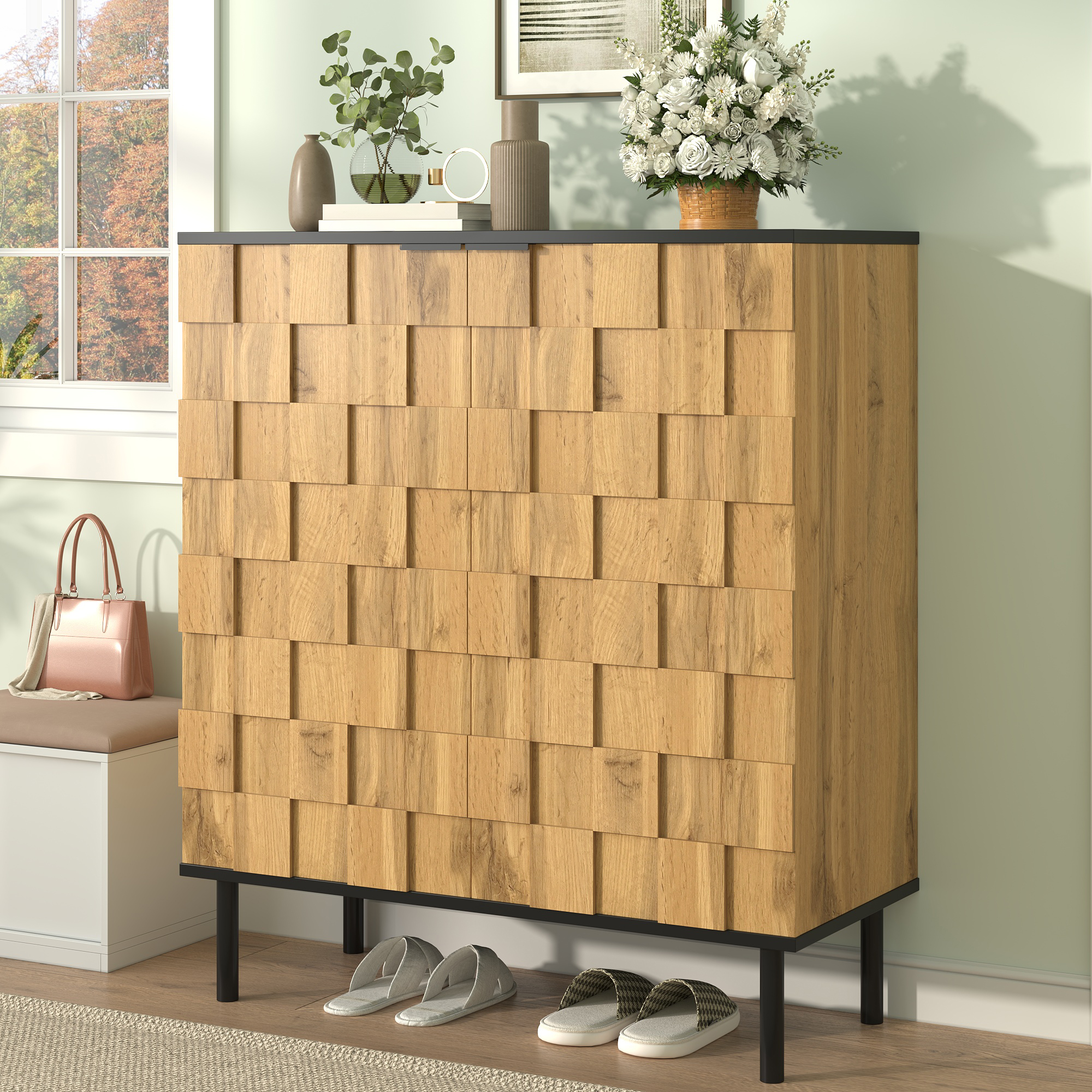 Meuble à chaussures design mosaïque, Meuble d'entrée haut avec étagères mobiles et pieds surélevés pour protection humidité