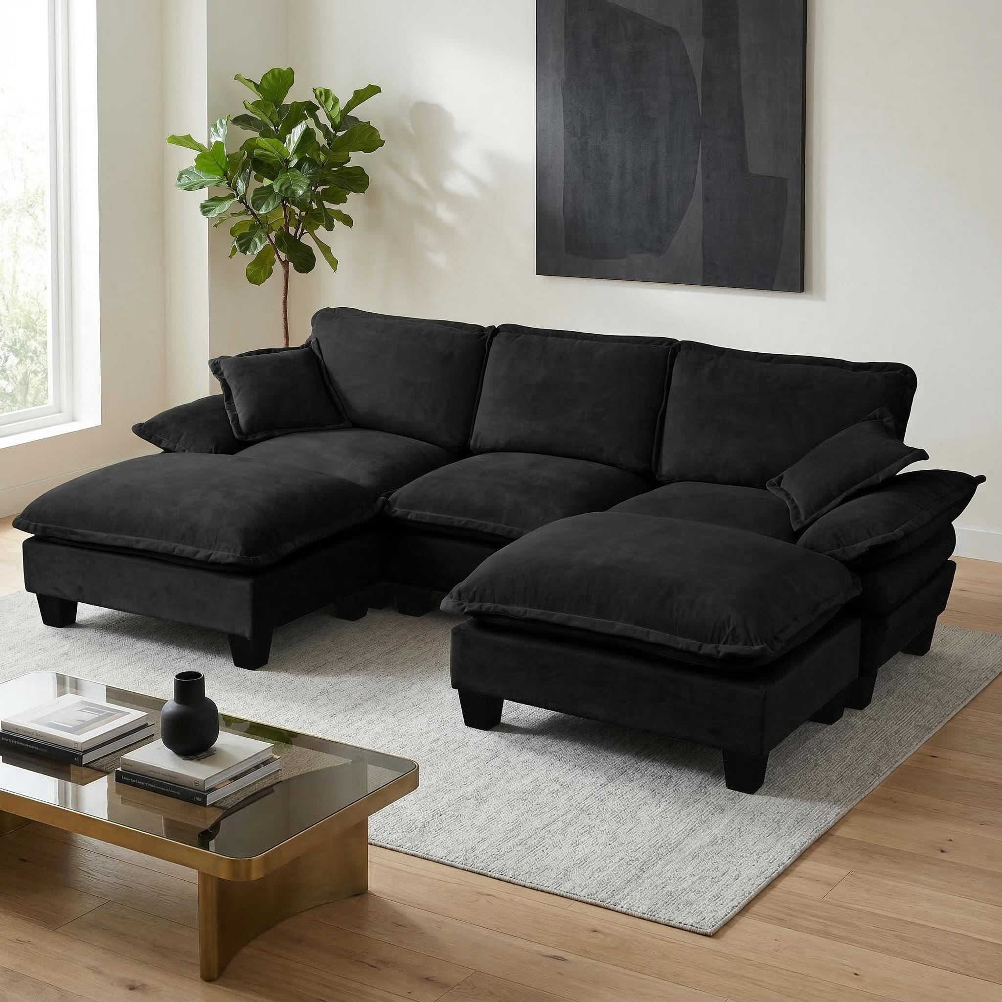 Canapé d'angle modulable en U, Canapé panoramique noir revêtement Chenille, incluant 2 ottomans mobiles et coussins pour salon moderne