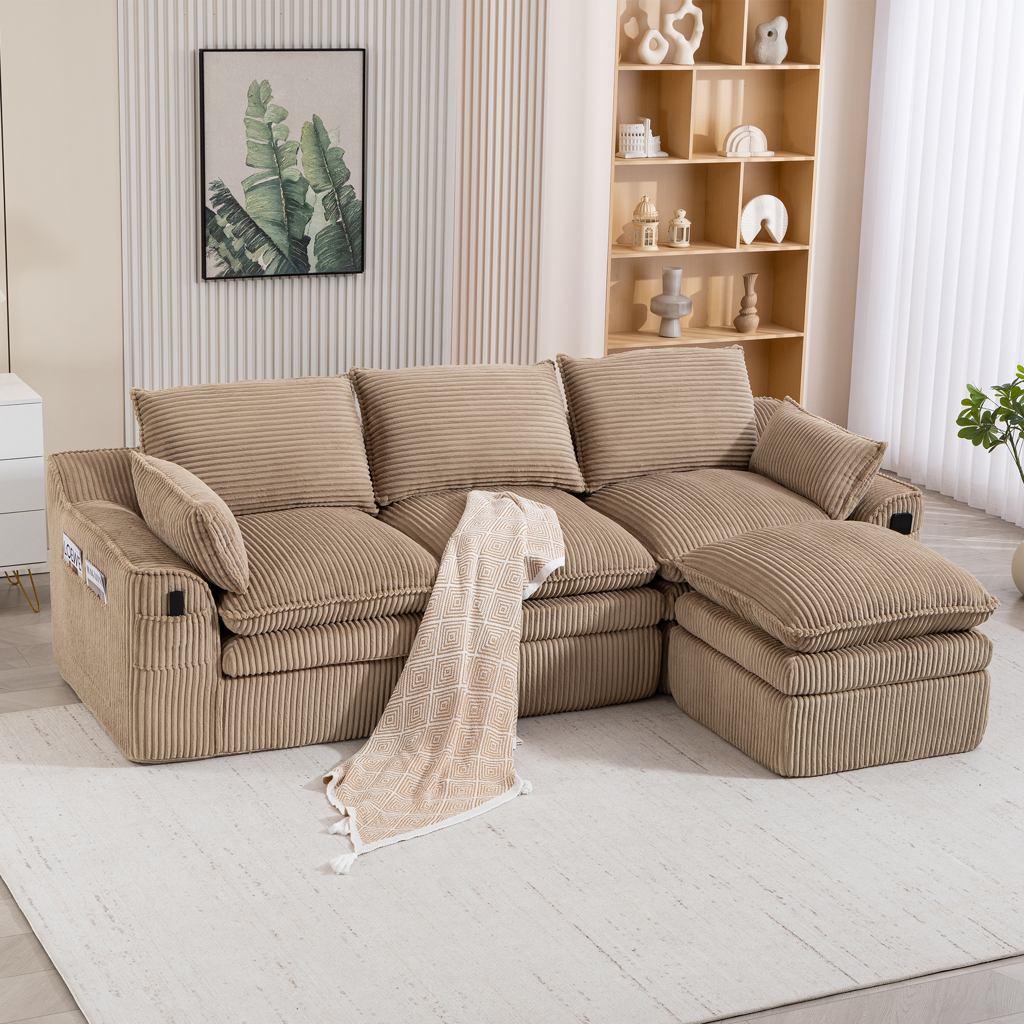 Canapé modulable 3 places avec poches latérales, mousse 3 couches et ressorts à retour rapide