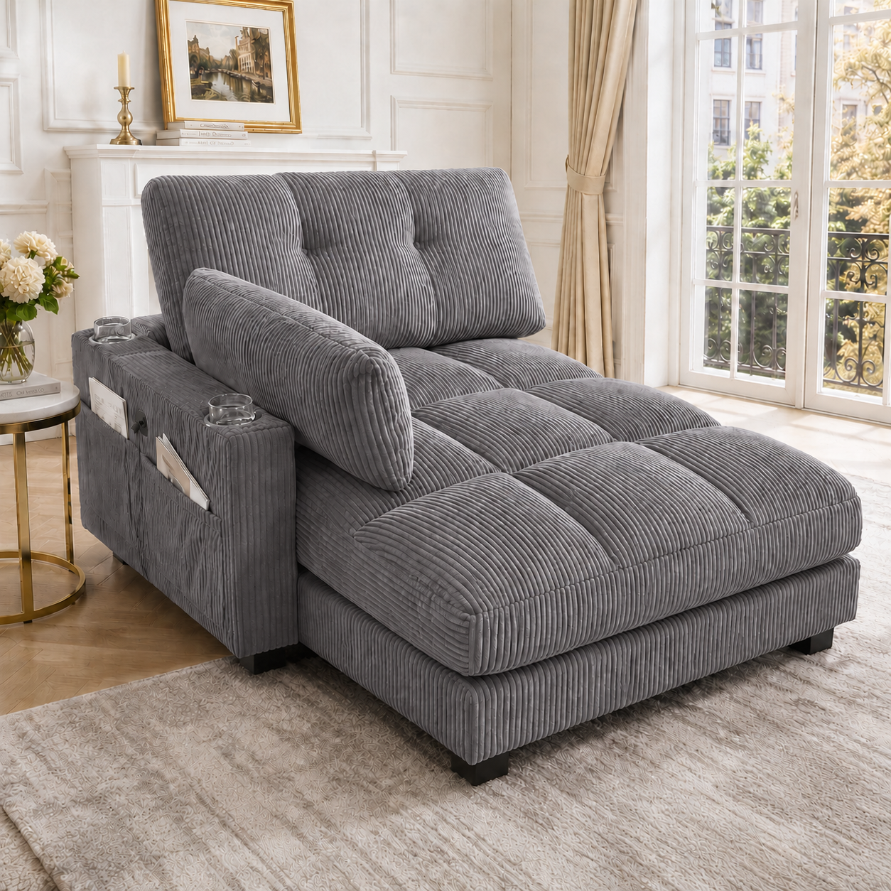 Canapé 140x112x81 cm, assise 98 cm de large et 110 cm de profondeur, velours côtelé gris, accoudoirs réversibles