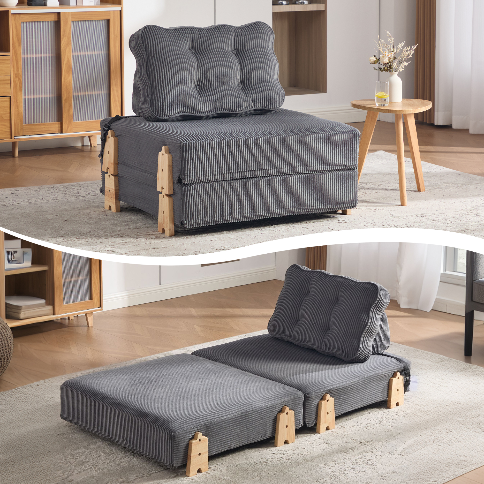 Lit rembourré en cord gris foncé avec structure en bois massif et assise en mousse, convertible en lit plat