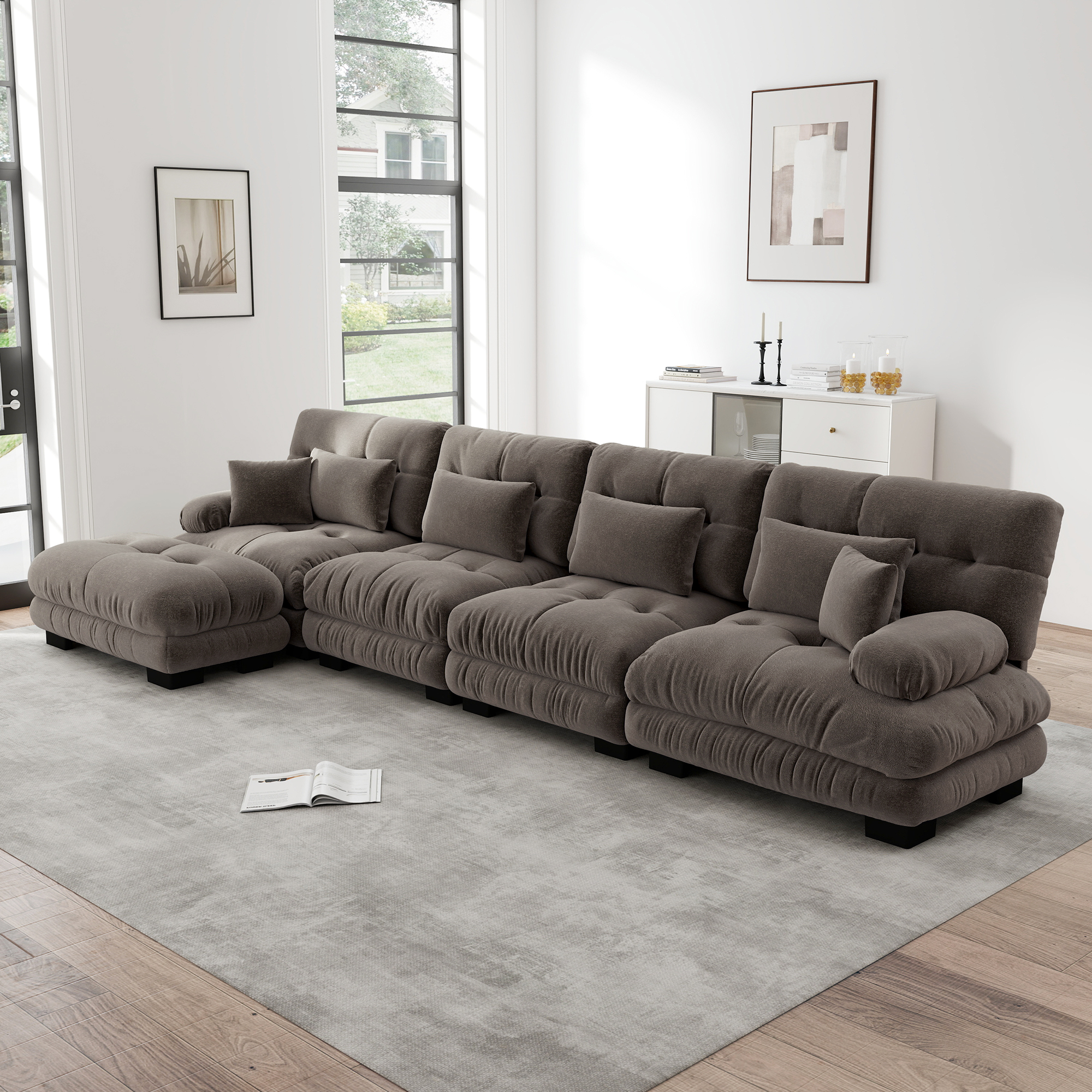 Canapé d'angle modulable 4 places en tissu chenille marron avec ottoman mobile pour salon moderne