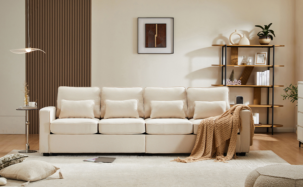 Canapé Droit 4 Places avec Pochettes de Rangement Accoudoirs et Coussins Lombaires Inclus pour Confort Dorsal Optimisé