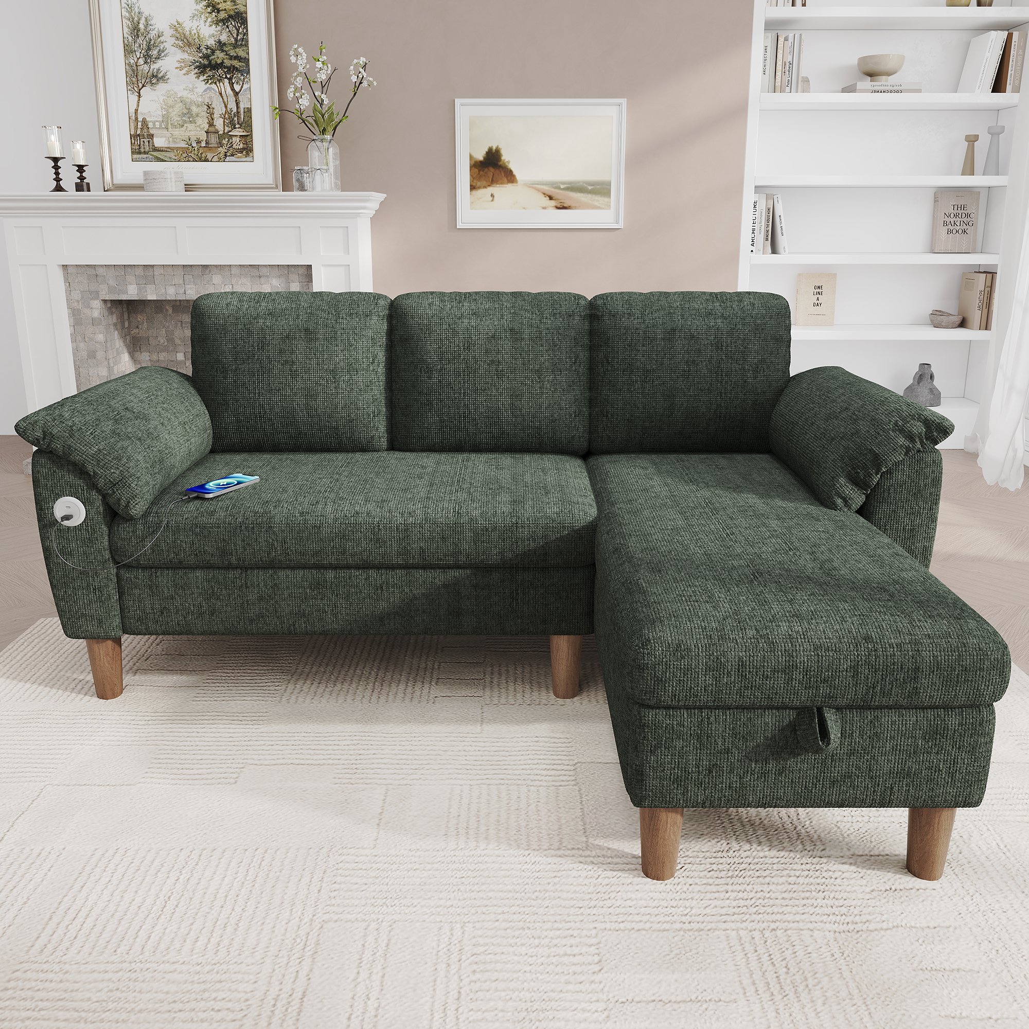 Canapé d'angle 3 places vert en tissu chenille avec chaise longue réversible, rangements intégrés, ports USB et Type-C, dimensions 181x125x88 cm
