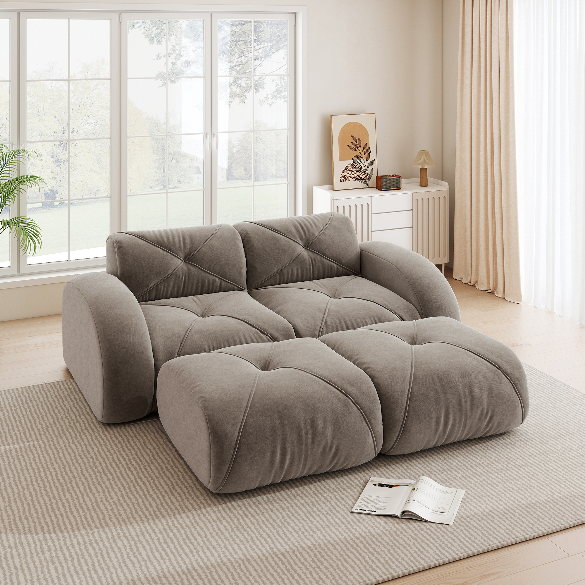 Canapé modulable 2 places 204x171 cm, design plat sans dossier en tissu Chenille taupe, livré avec 2 poufs pour salon moderne