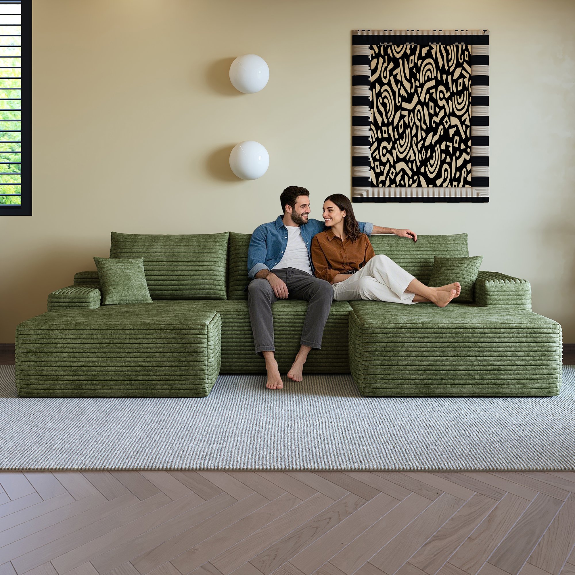 Canapé d'angle 270x175cm en tissu côtelé vert, structure modulaire sans montage, assise profonde et confort mousse haute élasticité pour le salon.