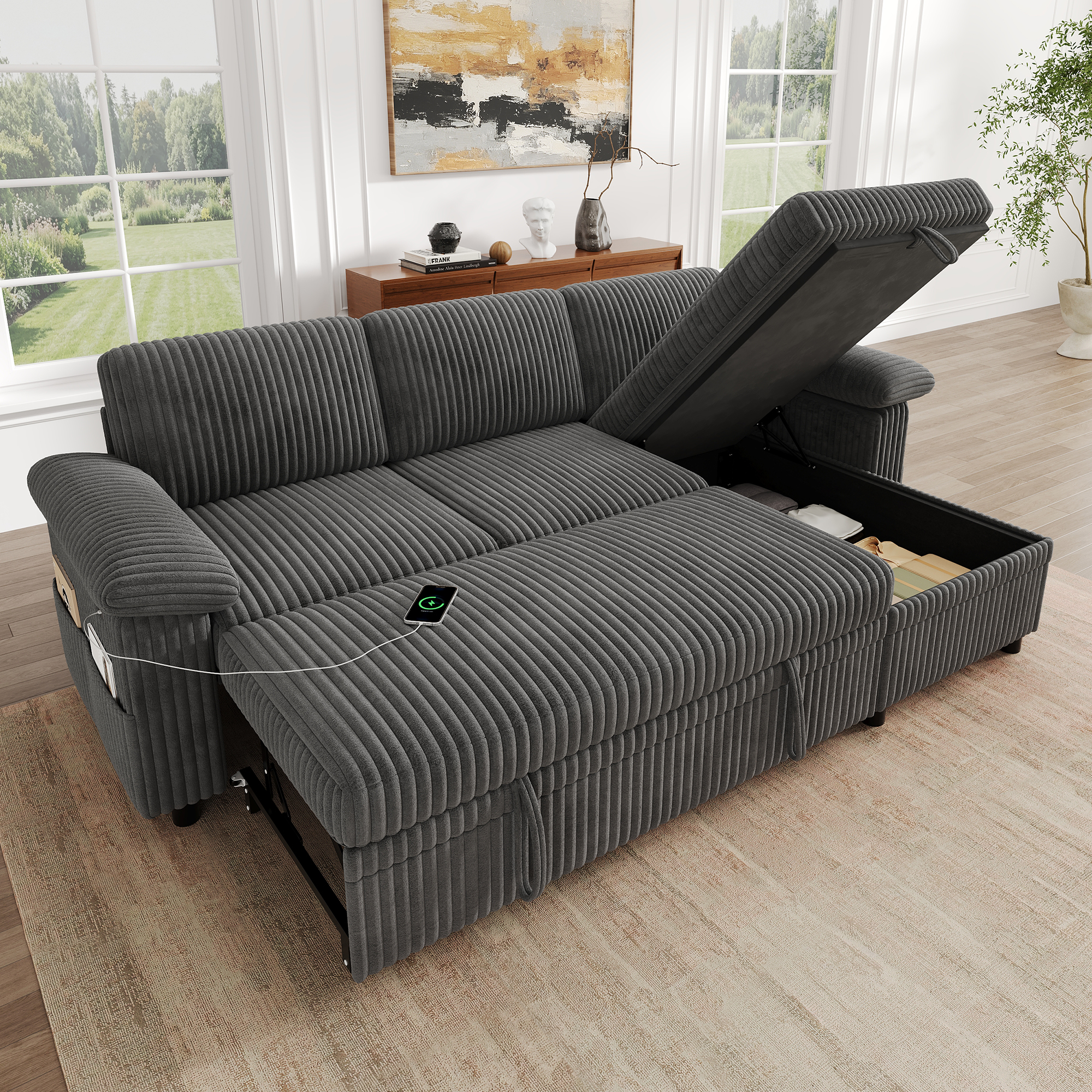 Canapé d'angle convertible 3 places avec coffre, ottomane réversible et charge USB Type-C en velours côtelé gris