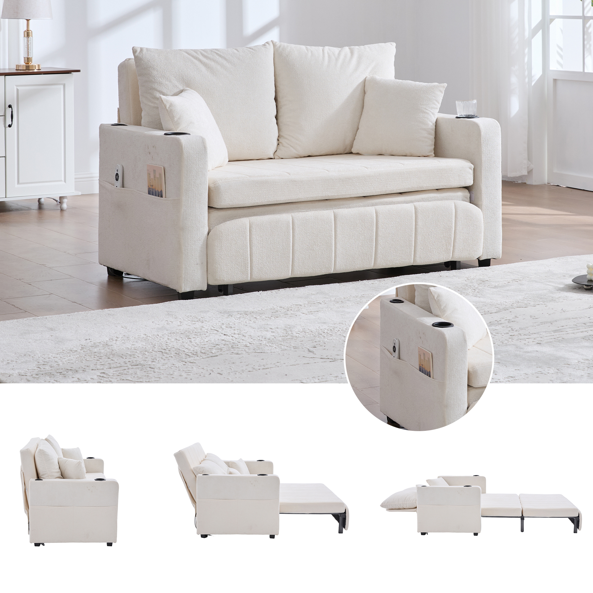 Lit rembourré 2 places 140x200 cm avec tiroirs de rangement, poches latérales et port USB Type-C