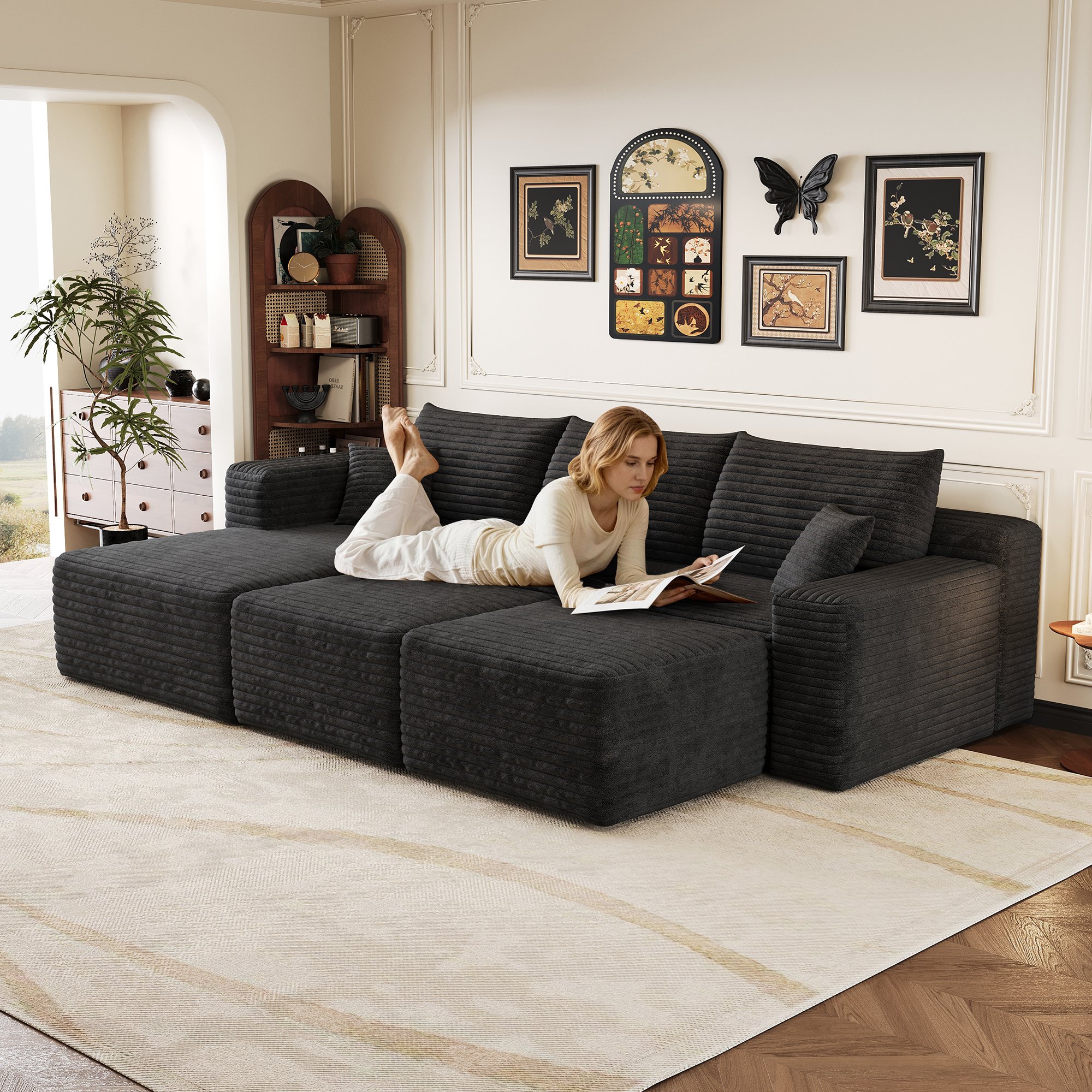 Canapé d'angle confort profond mousse haute élasticité, ouverture immédiate sans outils, format 241cm