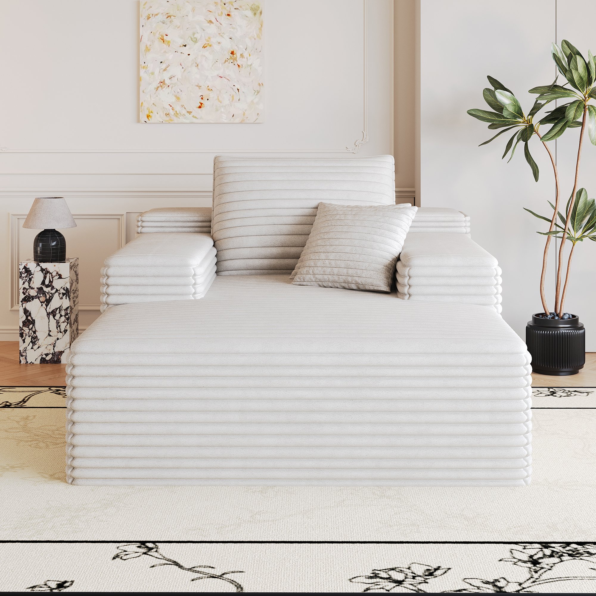Canapé droit tissu corduroy blanc, structure boneless modulaire 115x159x60 cm, rembourrage épais pour un soutien ergonomique optimal