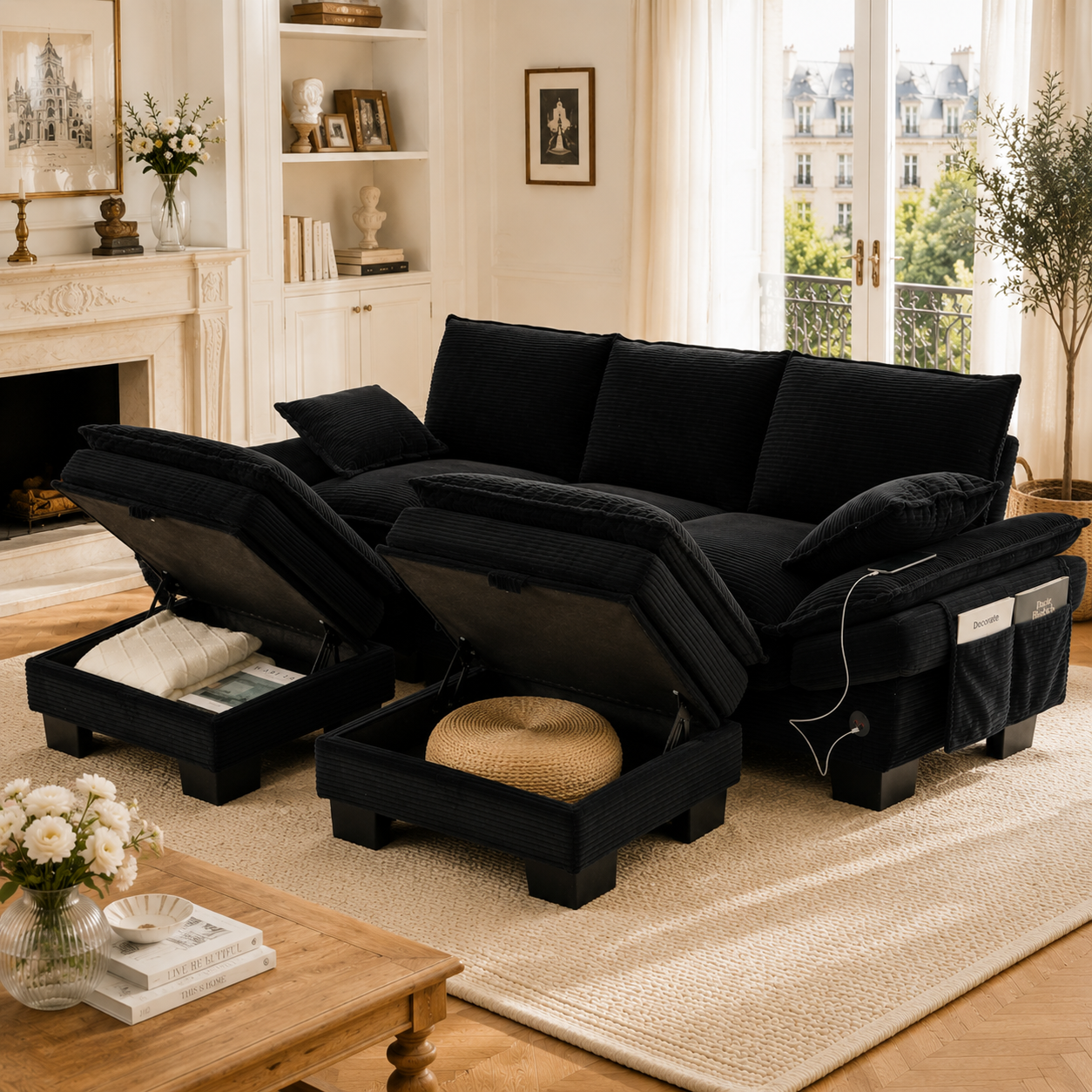 Canapé d'angle 3 places 260x132x84 cm avec 2 poufs et coffre de rangement intégré sous le pouf