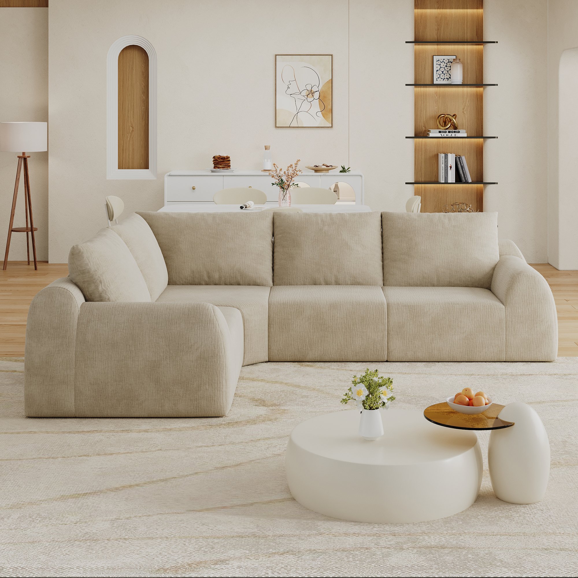Canapé droit 267x200x85 cm en tissu chenille kaki, mousse haute élasticité, sans montage, livraison compacte pour salon et chambre