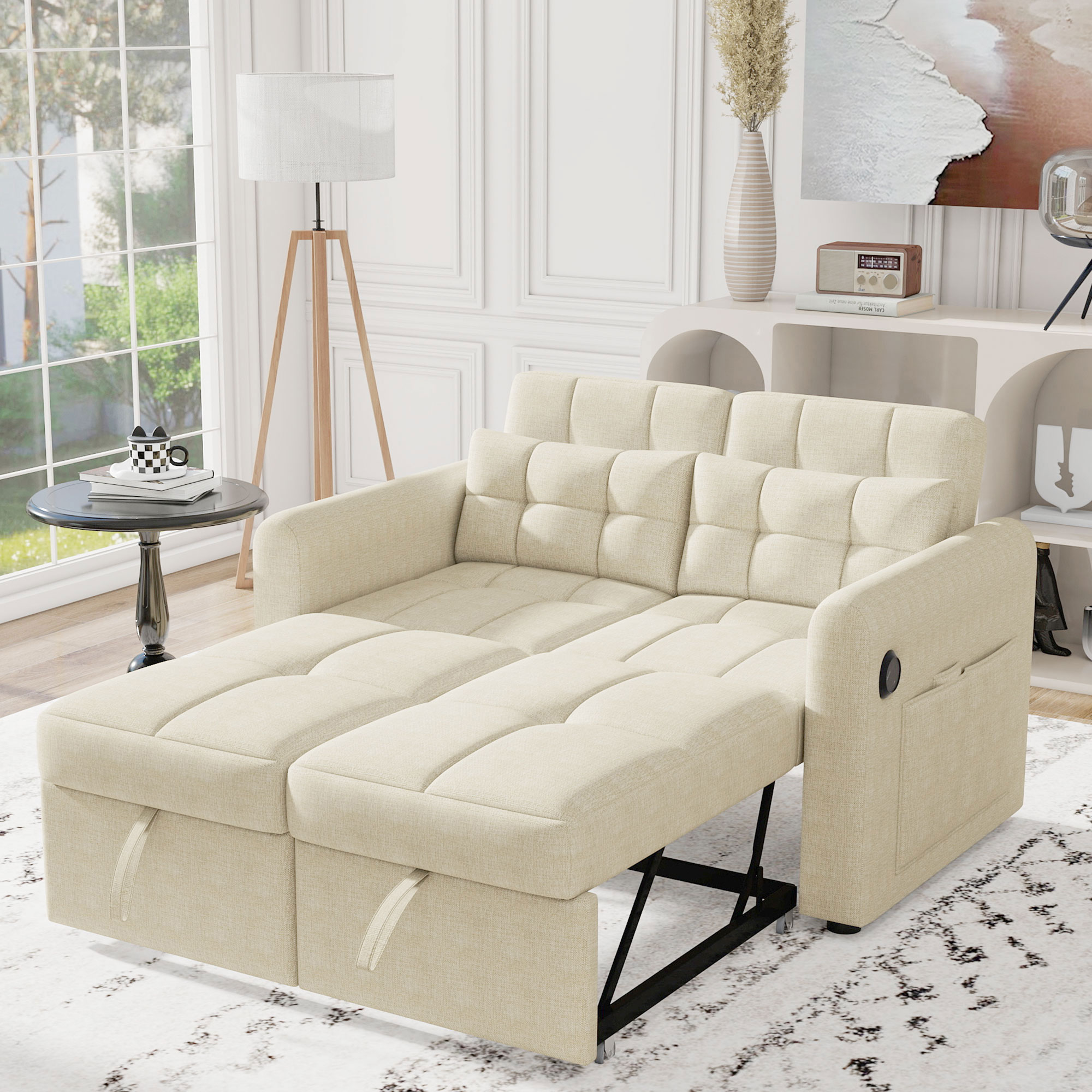Canapé d'angle 2 places en lin beige avec dossier inclinable 3 positions, port USB et tiroir intégré