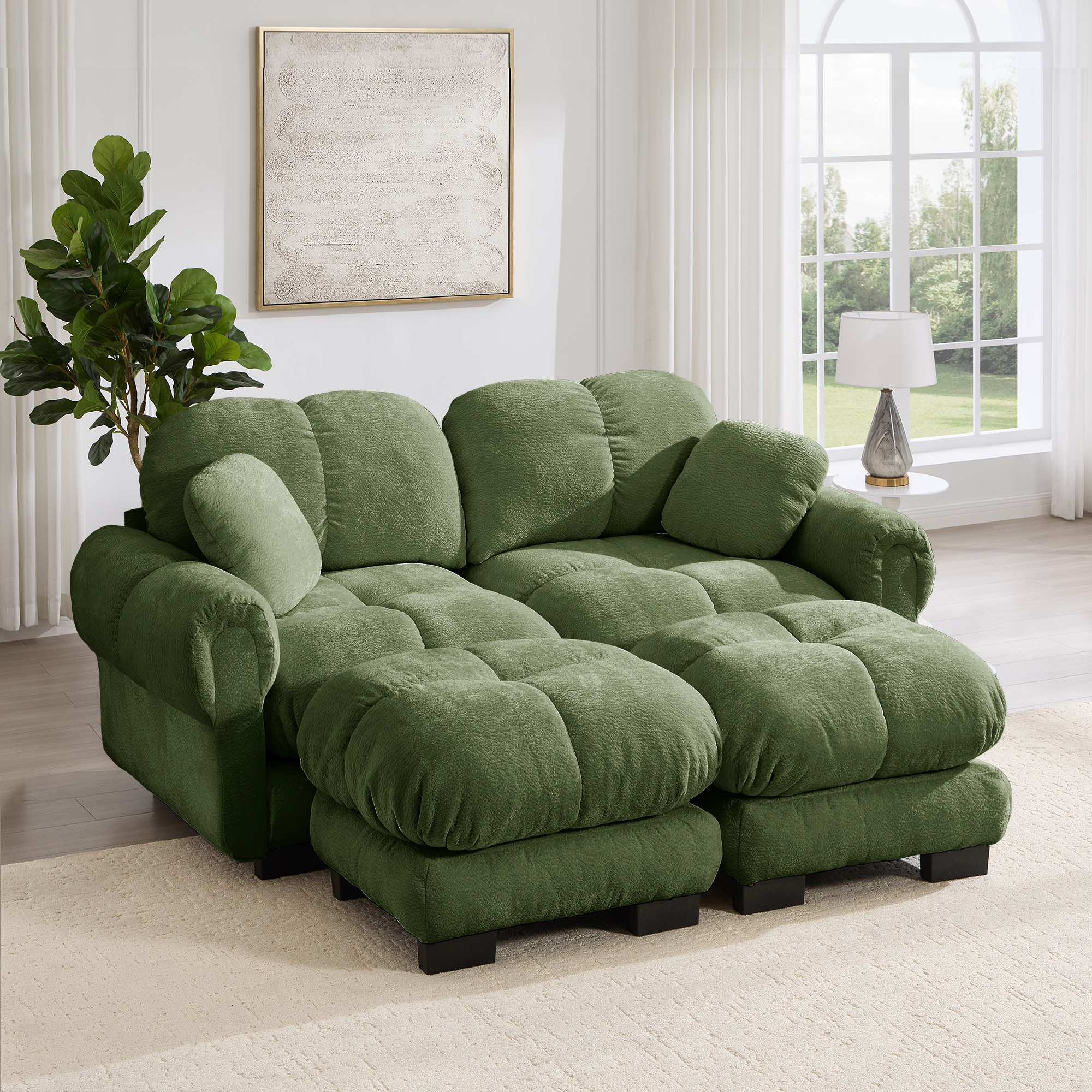 Canapé panoramique 2 places en U, Canapé modulable chenille vert, Design élégant avec ottomane mobile pour salon