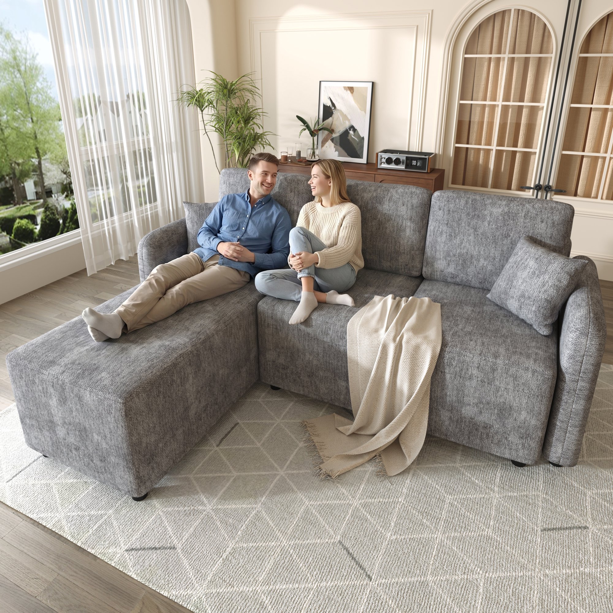 Canapé d'angle 3 places en tissu chenille gris avec méridienne de 144 cm, rembourrage mousse haute densité et structure bois massif pour petit espace
