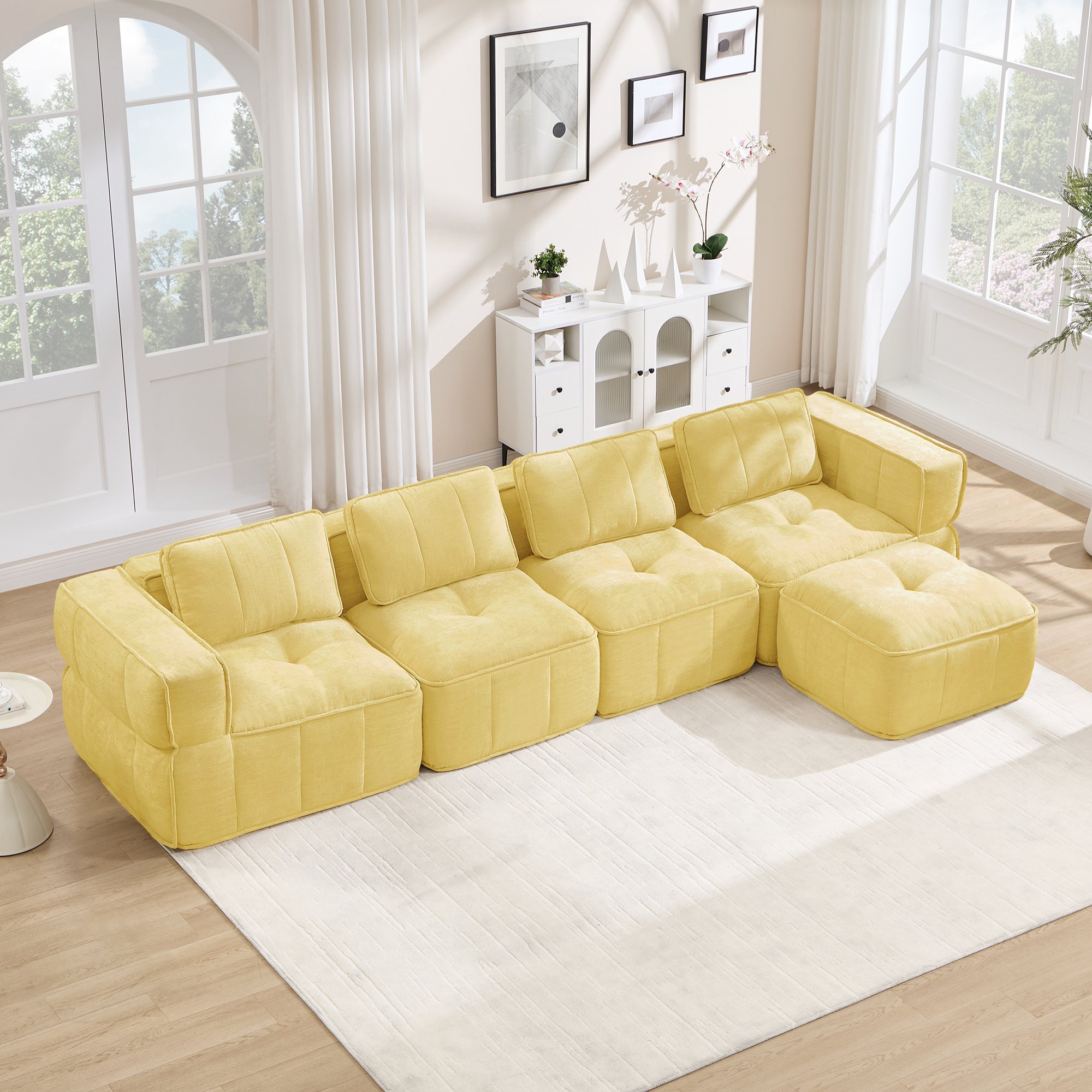 Canapé d'angle 4 places jaune sans cadre avec pouf, tissu polyester, mousse 32D, dimensions 344x162x67 cm pour salon