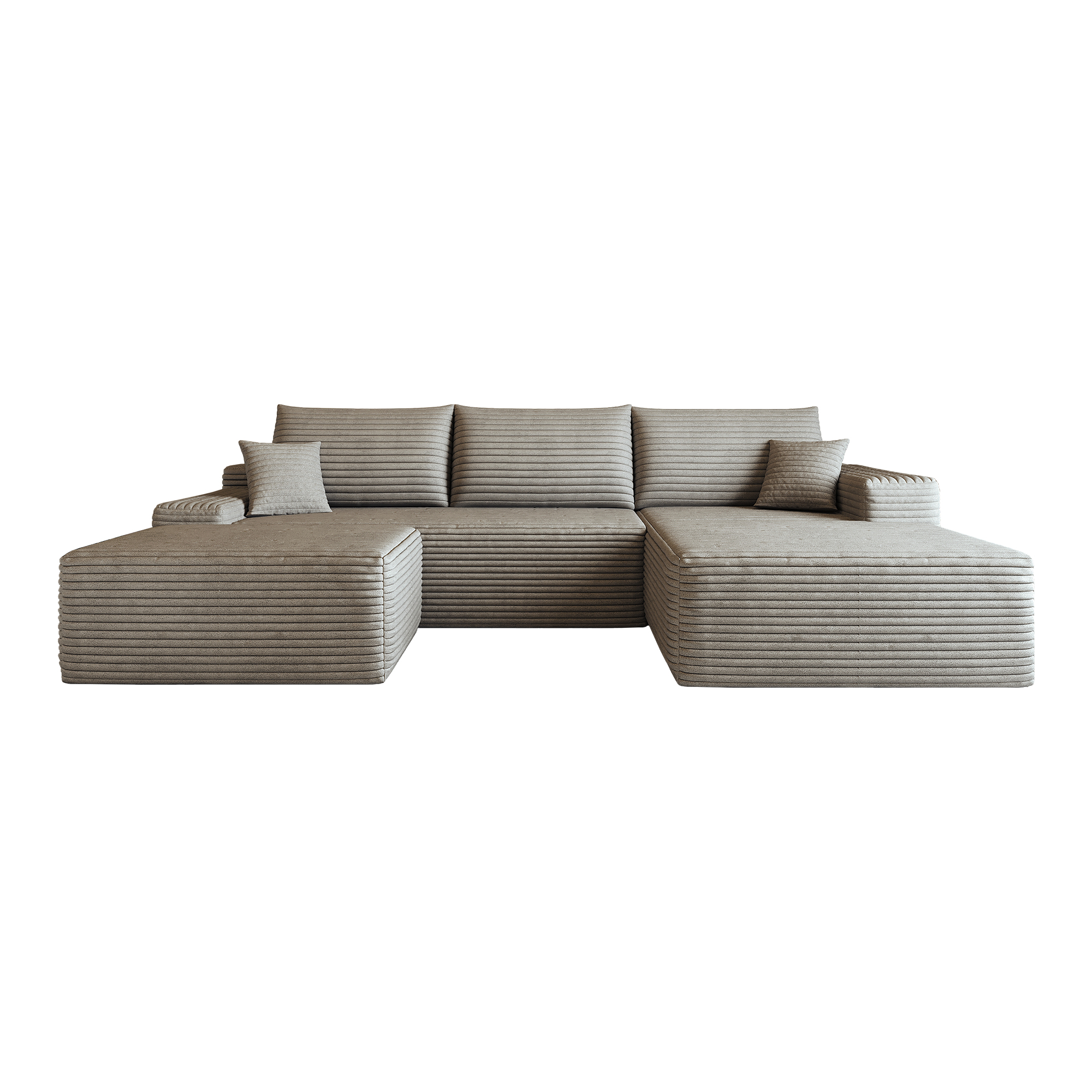 Canapé d'angle en tissu velours côtelé camel, garnissage mousse souple, lignes fluides, dimensions 270x175x83cm, style moderne