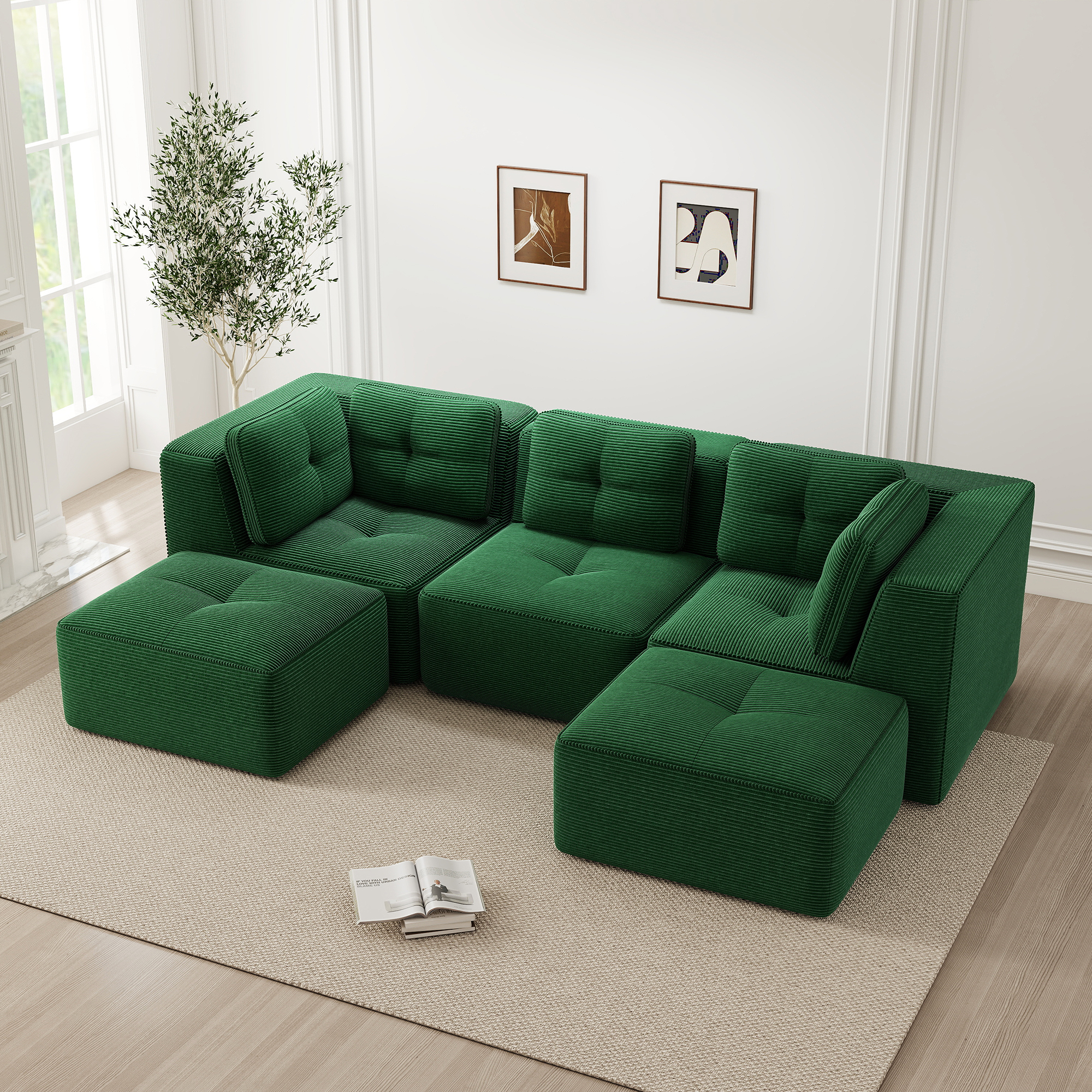 Canapé Modulable D'Angle Vert Sans Cadre Avec Ottoman Confort Nuage Mousse Haute Densité 32D Salon Moderne Facile Entretien