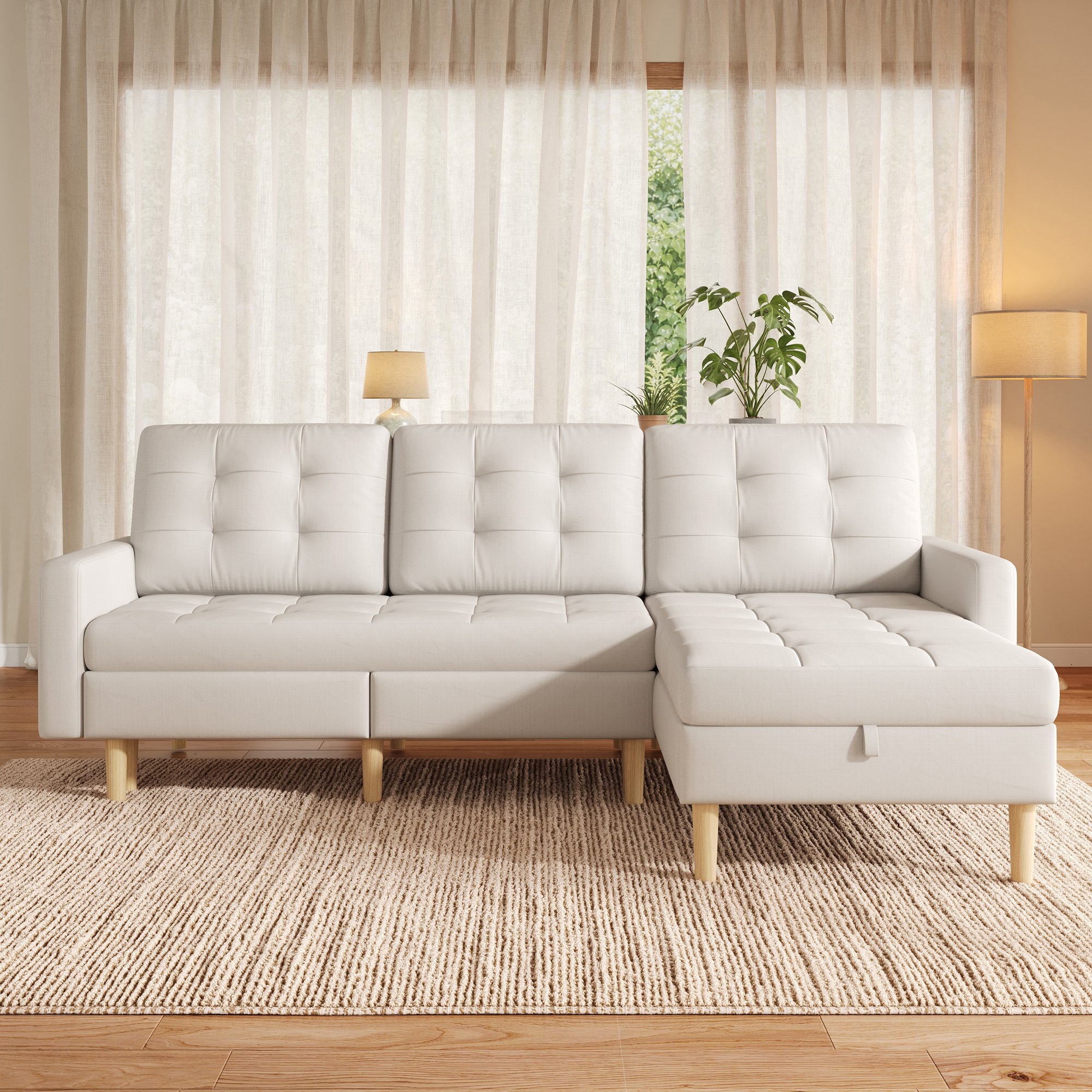 Canapé d'angle avec double coffre de rangement et chaise longue amovible, structure robuste 135kg, tissu facile à nettoyer