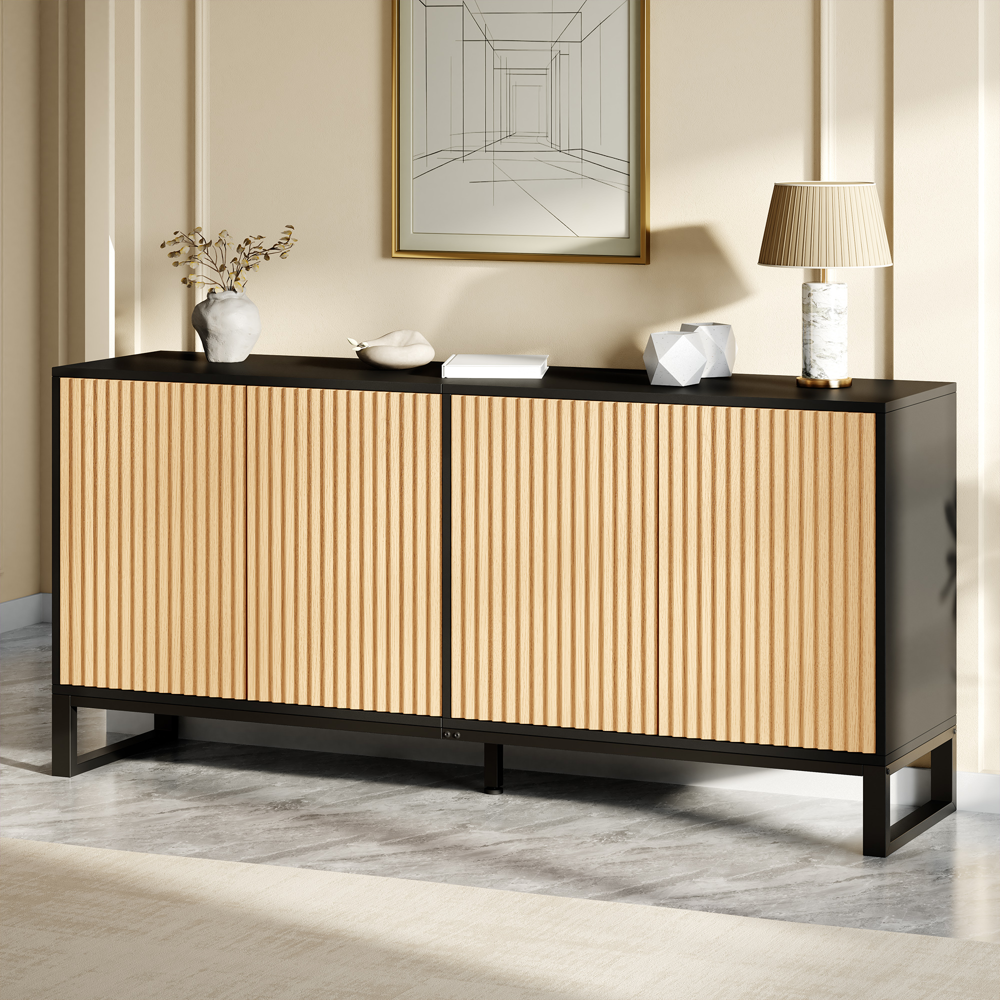 Meuble à chaussures moderne 4 portes battantes, buffet noir et naturel avec étagères ajustables et relief 3D 160 cm