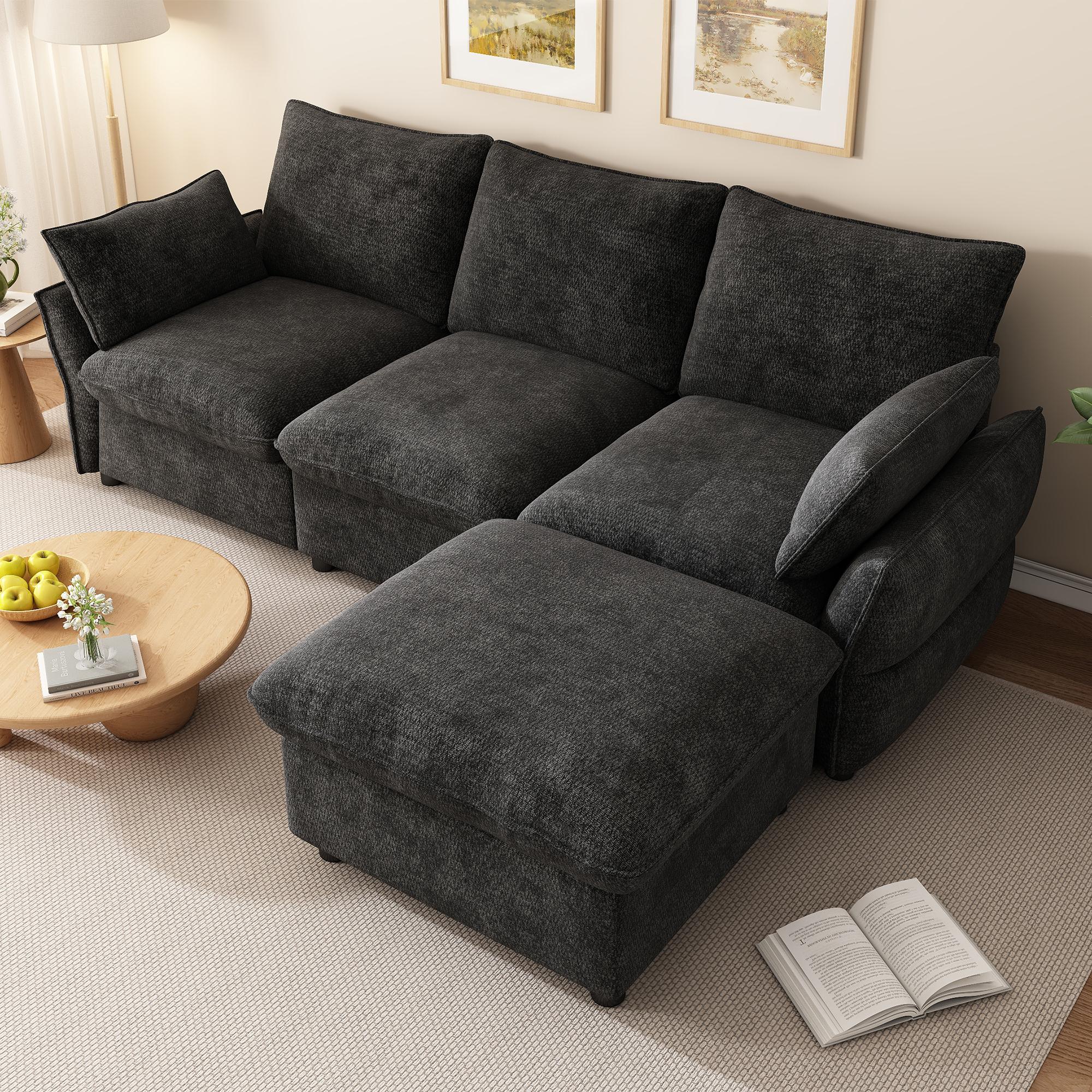 Canapé d'angle 3 places en chenille gris foncé avec ottoman et coussins, structure bois et métal, dimensions 222,5x154,5x76,5 cm pour salon moderne