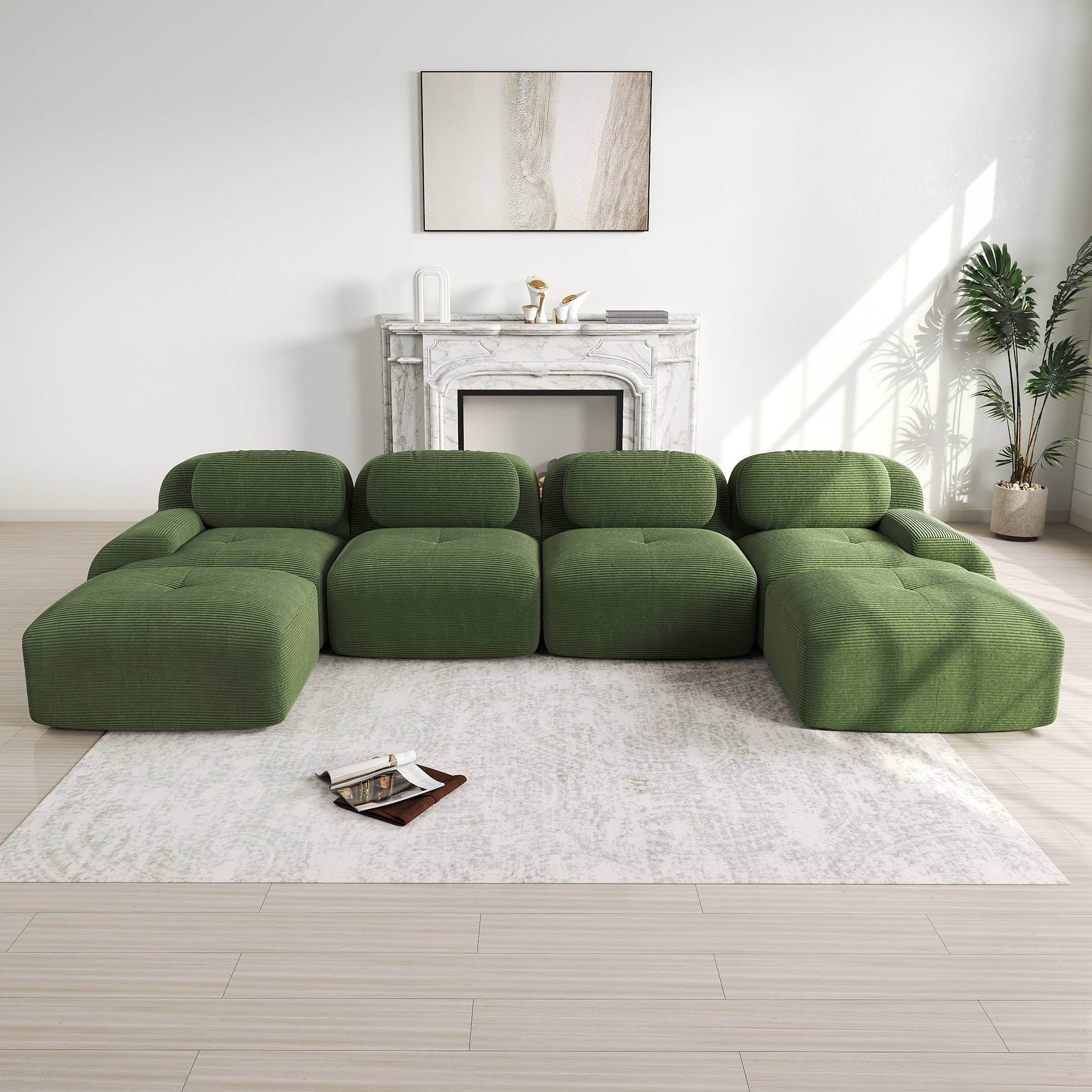 Canapé d'angle modulable sans montage en U vert en velours côtelé avec mousse 32D et 6 colis