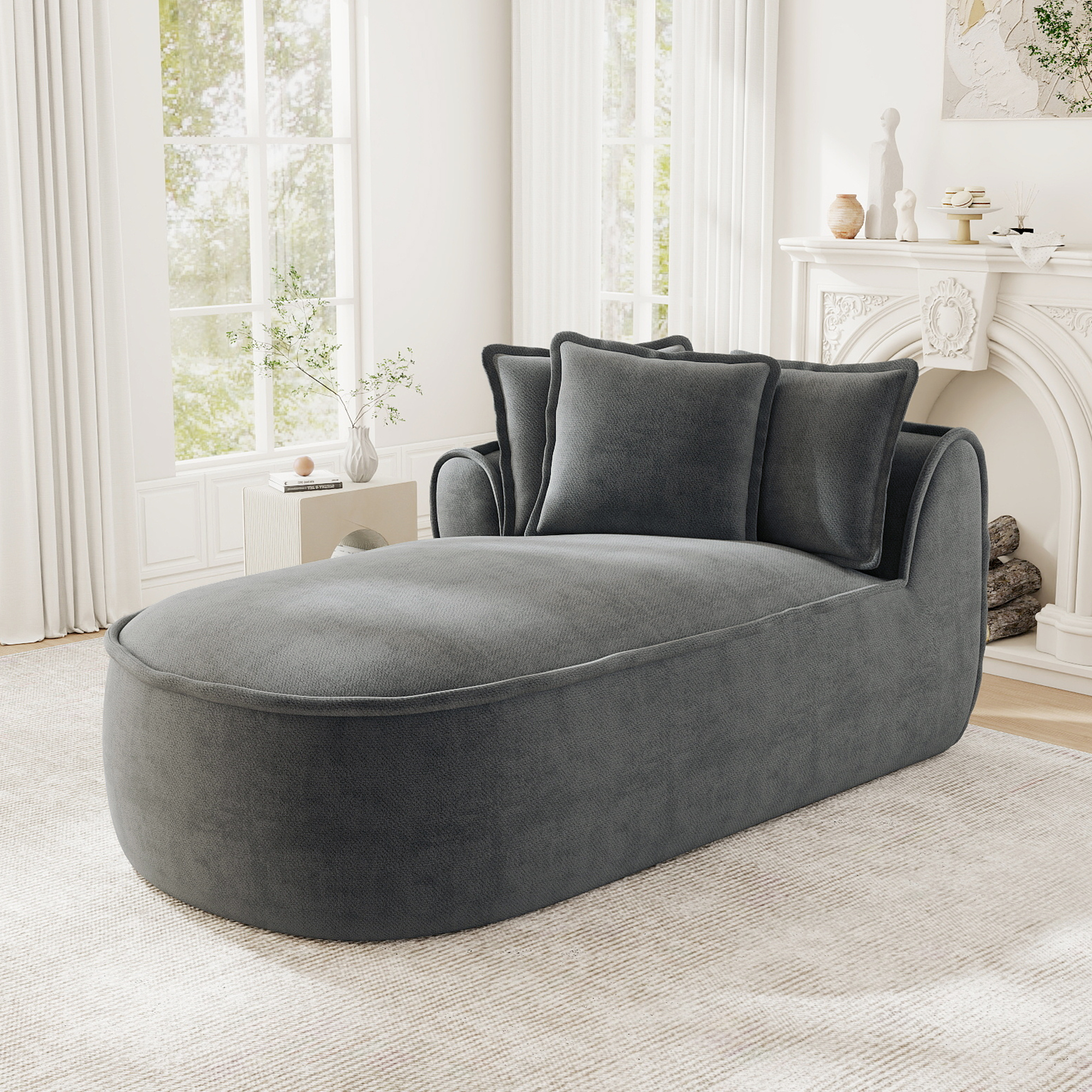 Canapé méridienne gauche 2 places avec coussins inclus et assise profonde en chenille gris