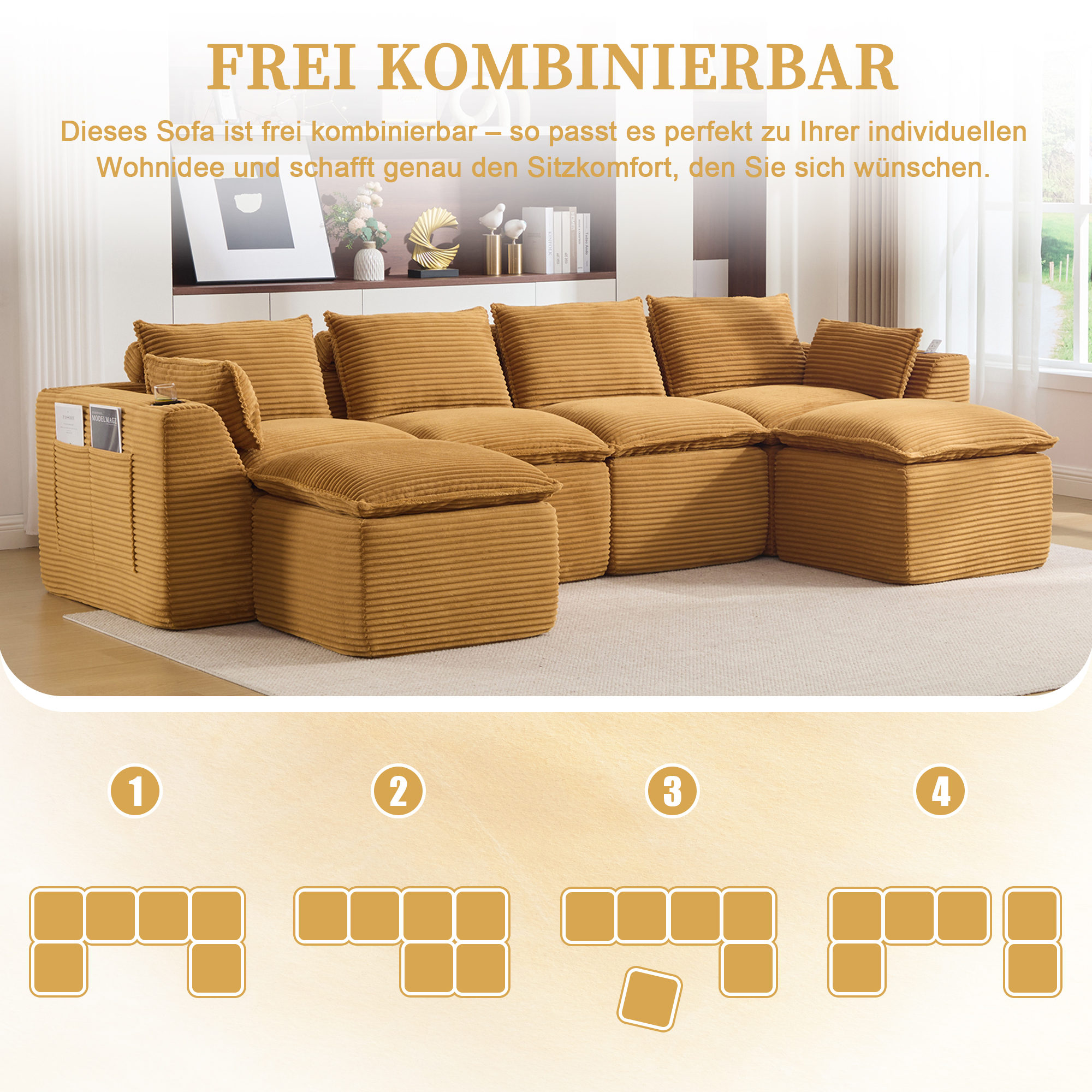 Canapé modulable 4 places avec 2 poufs, porte-gobelets, 2 poches latérales et mousse à ressorts intégrés